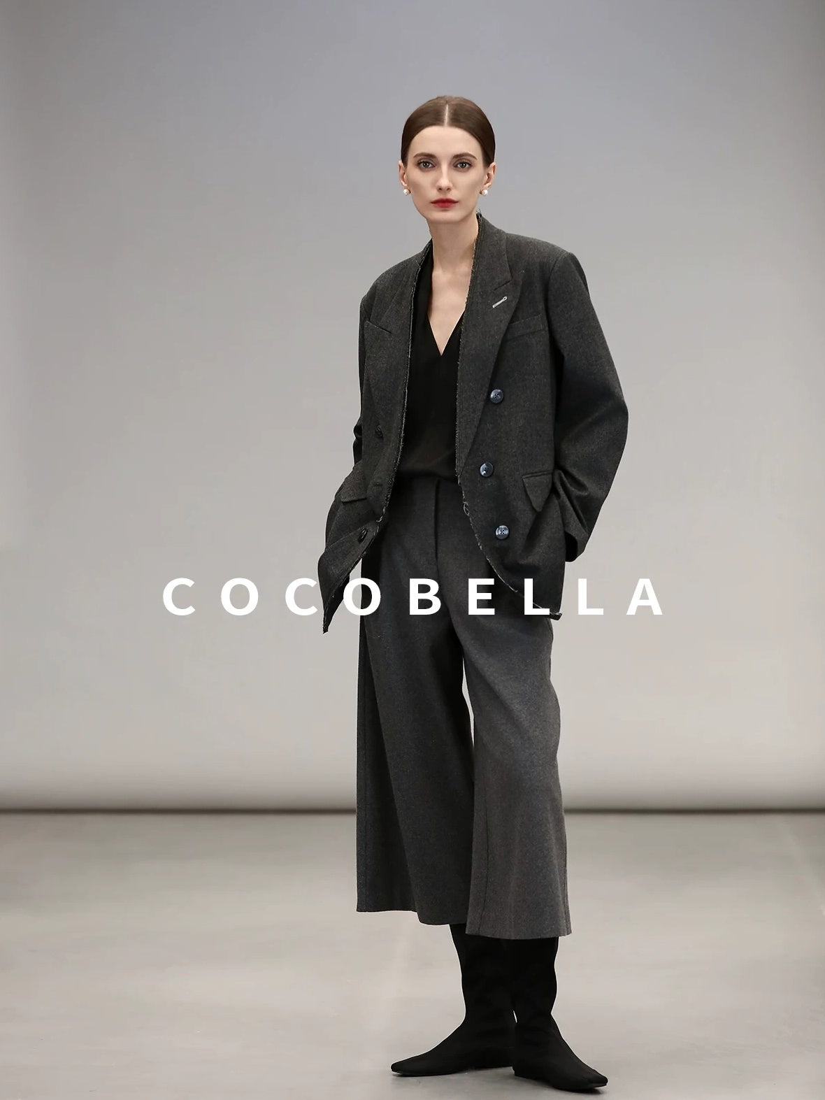 COCOBELLA High Waist Sculpted Tailored Wide Leg Office Chic Paris Gray Wool Blend Pants