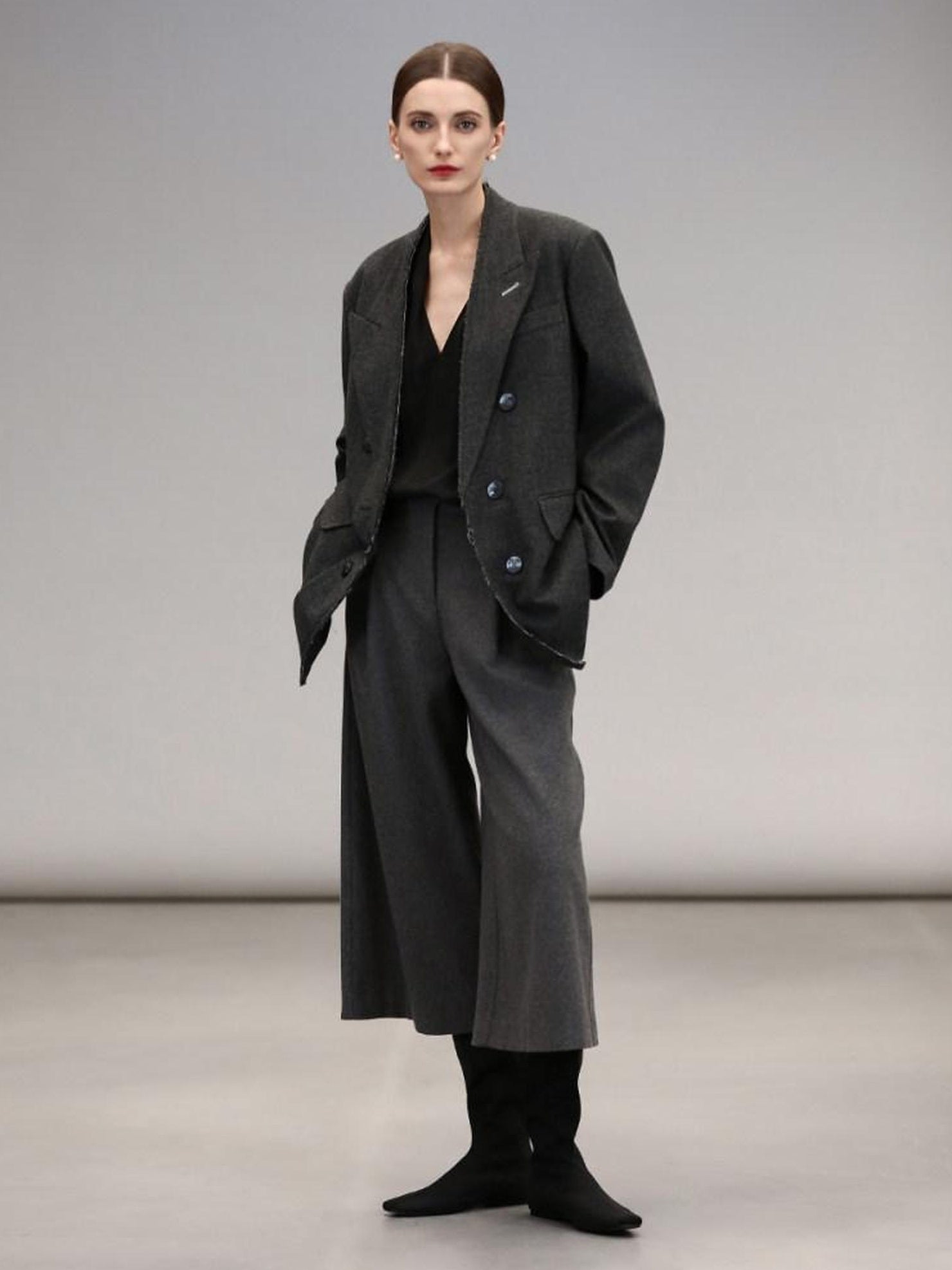 COCOBELLA High Waist Sculpted Tailored Wide Leg Office Chic Paris Gray Wool Blend Pants