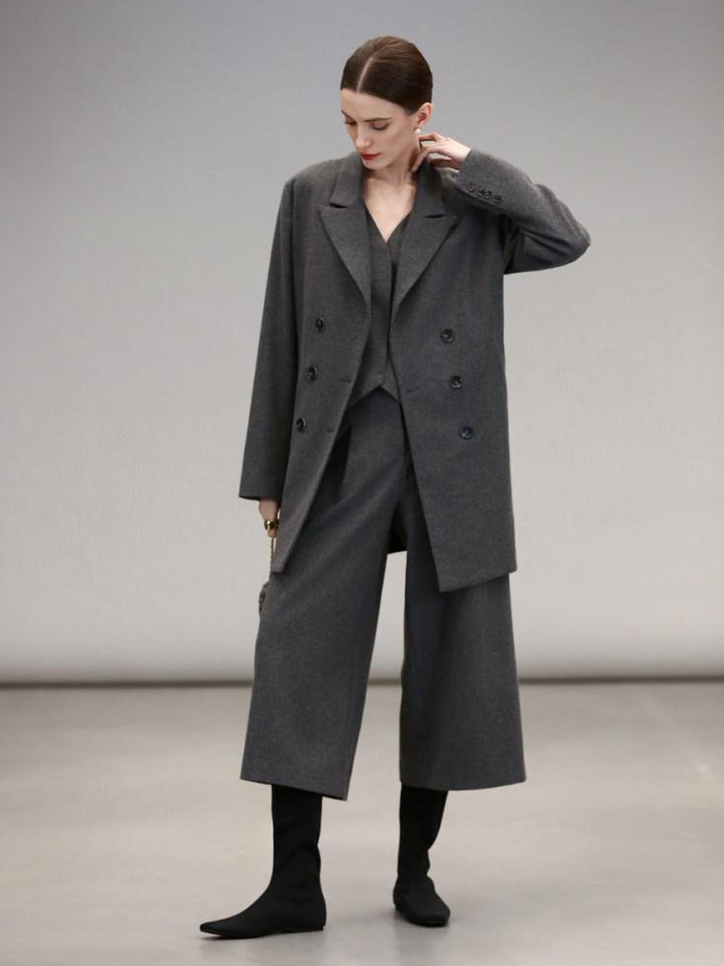 COCOBELLA High Waist Sculpted Tailored Wide Leg Office Chic Paris Gray Wool Blend Pants