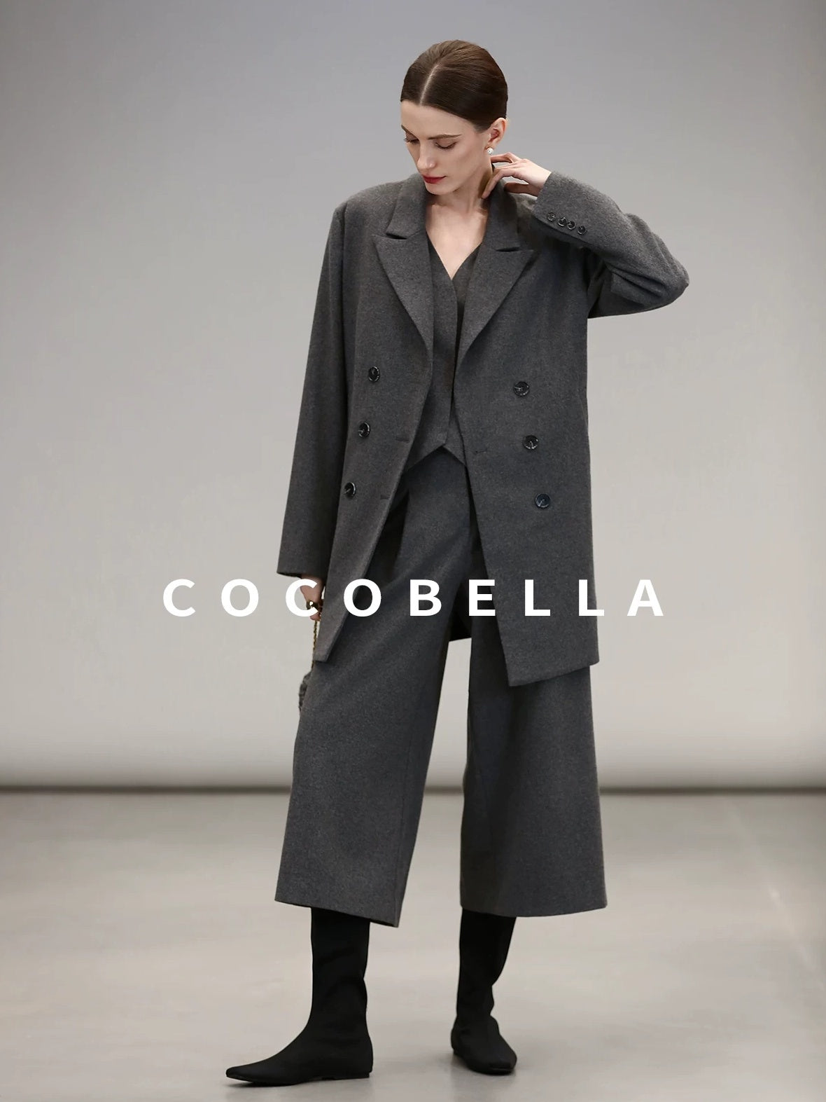 COCOBELLA High Waist Sculpted Tailored Wide Leg Office Chic Paris Gray Wool Blend Pants