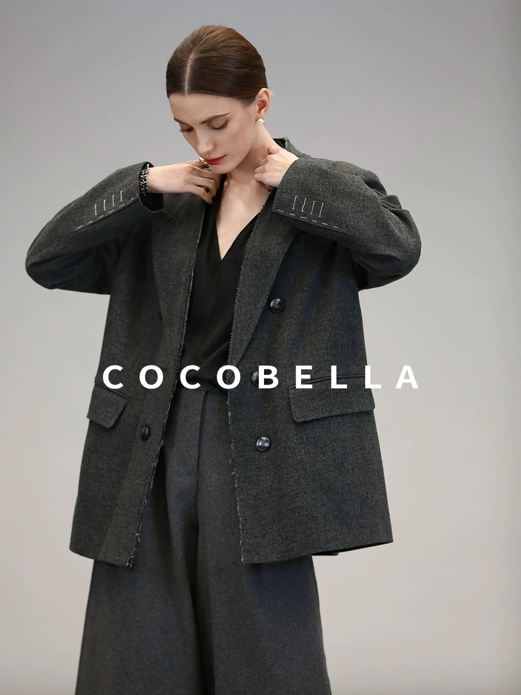 COCOBELLA High Waist Sculpted Tailored Wide Leg Office Chic Paris Gray Wool Blend Pants