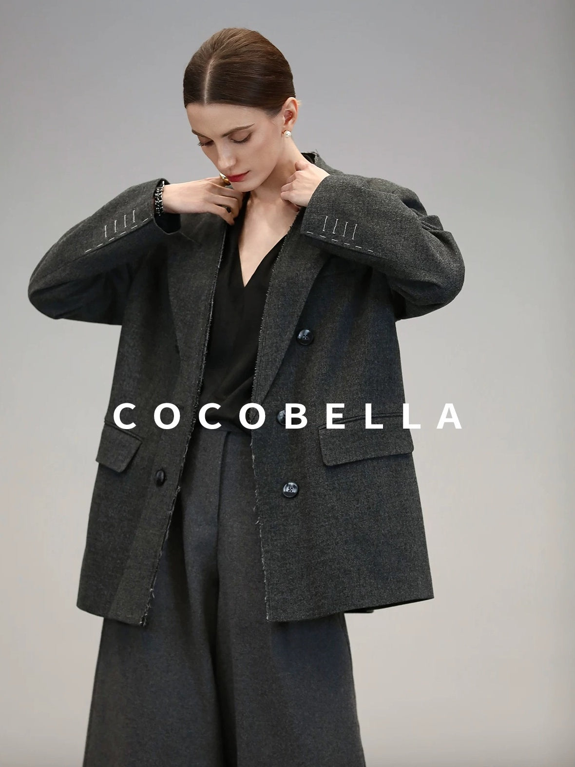 COCOBELLA High Waist Sculpted Tailored Wide Leg Office Chic Paris Gray Wool Blend Pants