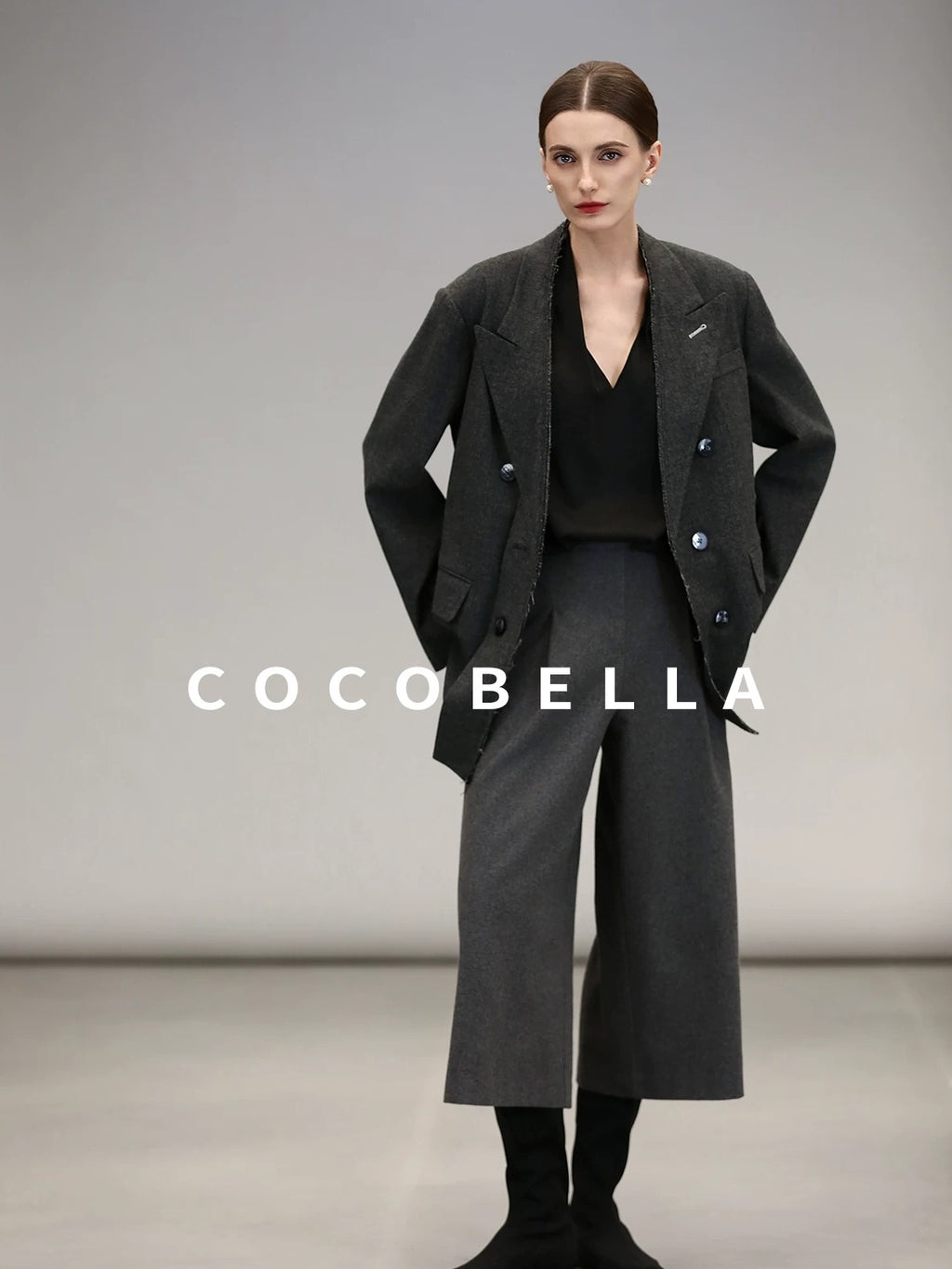 COCOBELLA High Waist Sculpted Tailored Wide Leg Office Chic Paris Gray Wool Blend Pants