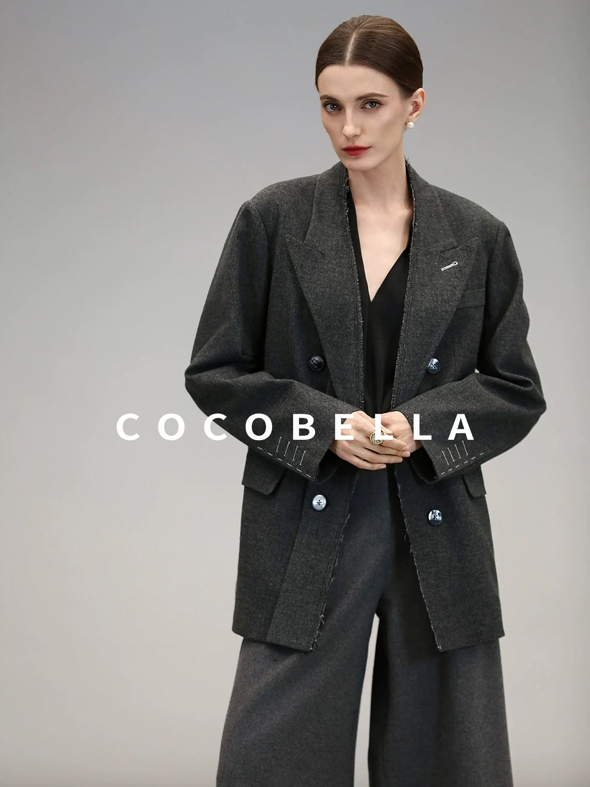 COCOBELLA High Waist Sculpted Tailored Wide Leg Office Chic Paris Gray Wool Blend Pants