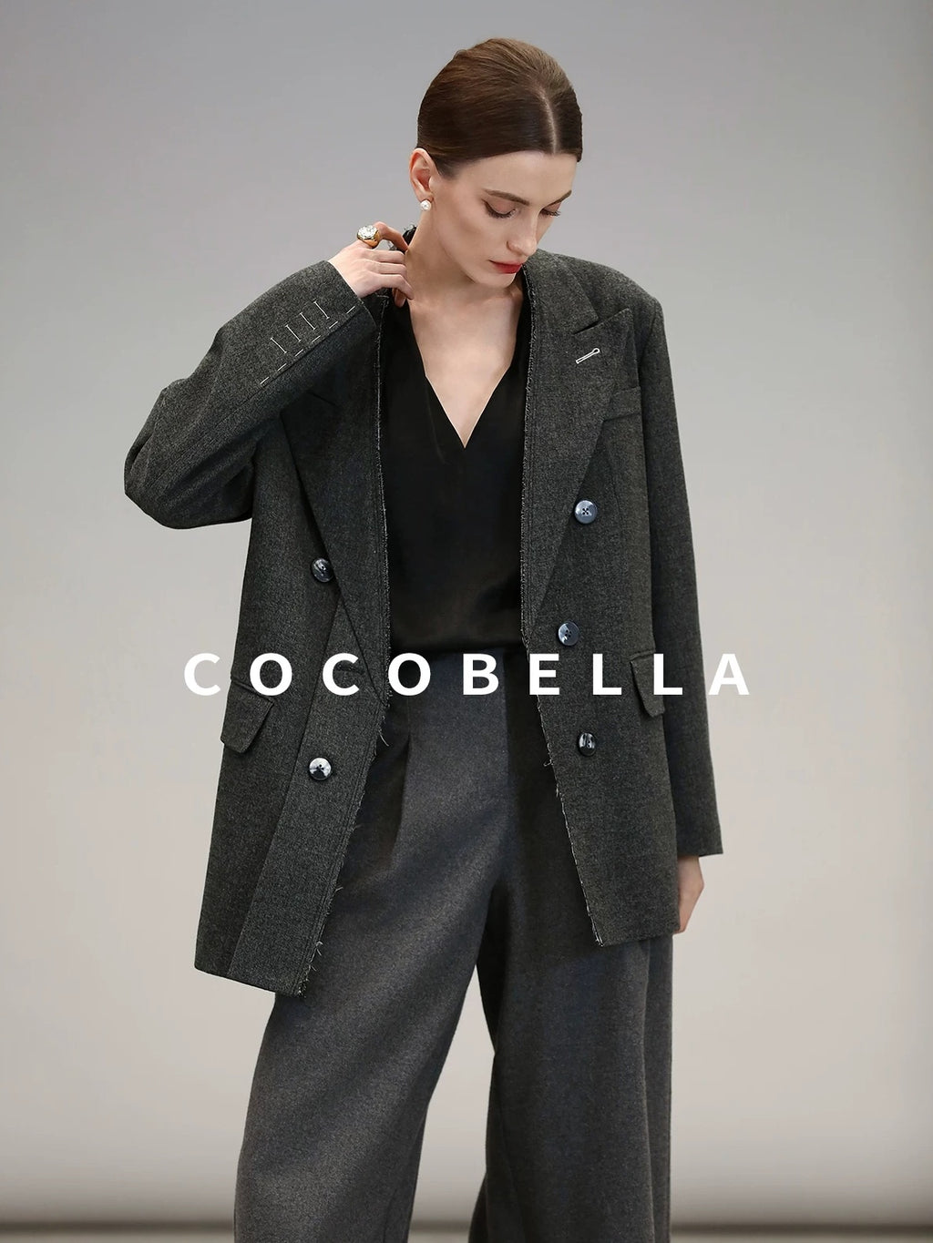 COCOBELLA High Waist Sculpted Tailored Wide Leg Office Chic Paris Gray Wool Blend Pants