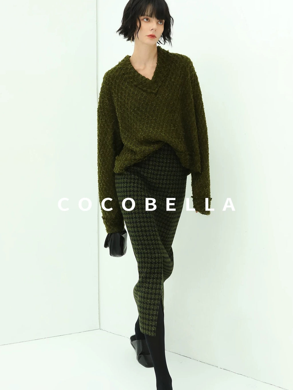 COCOBELLA High Waist Shimmer Wool Blend Straight Midi Lady Office Skirts