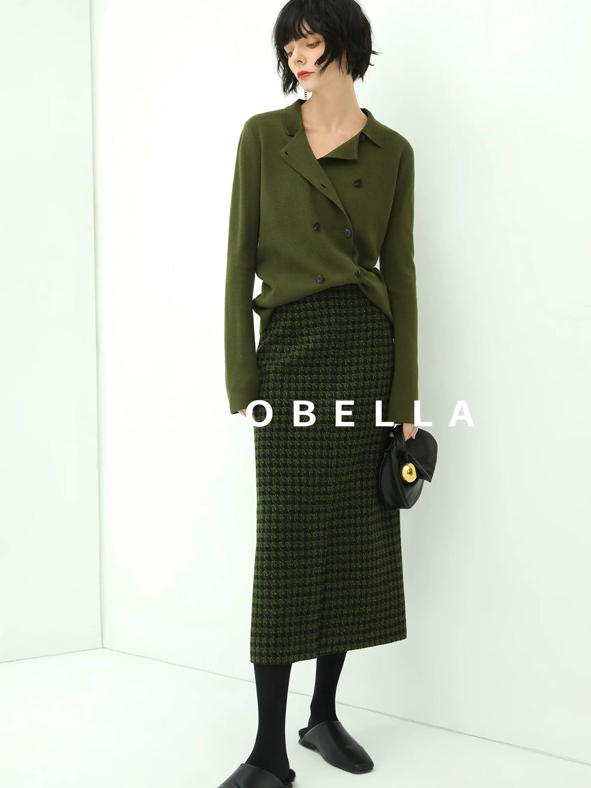 COCOBELLA High Waist Shimmer Wool Blend Straight Midi Lady Office Skirts