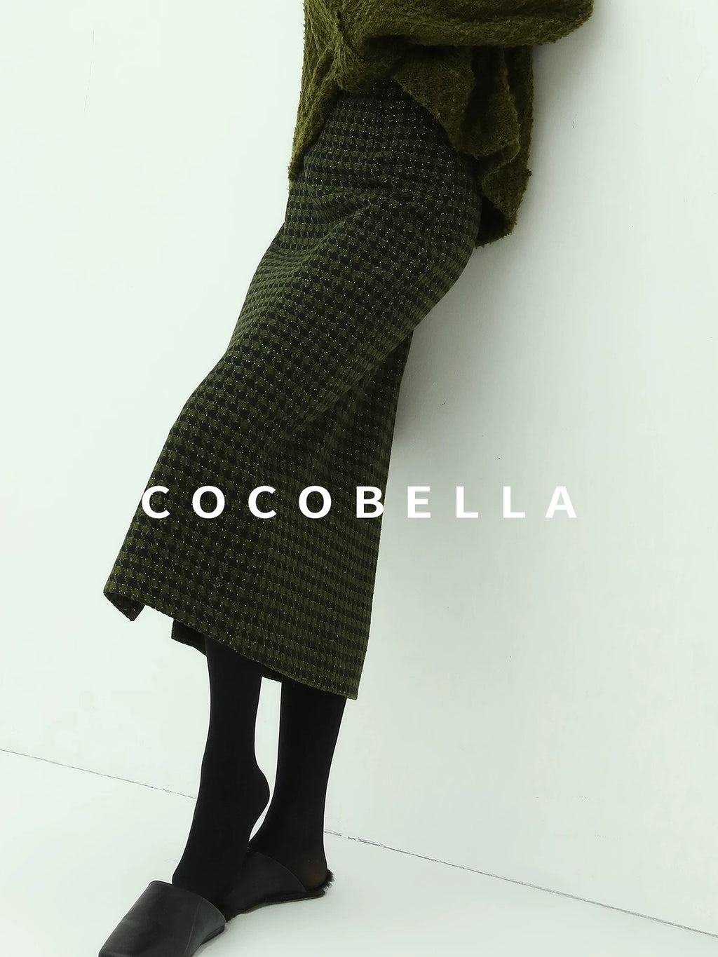 COCOBELLA High Waist Shimmer Wool Blend Straight Midi Lady Office Skirts