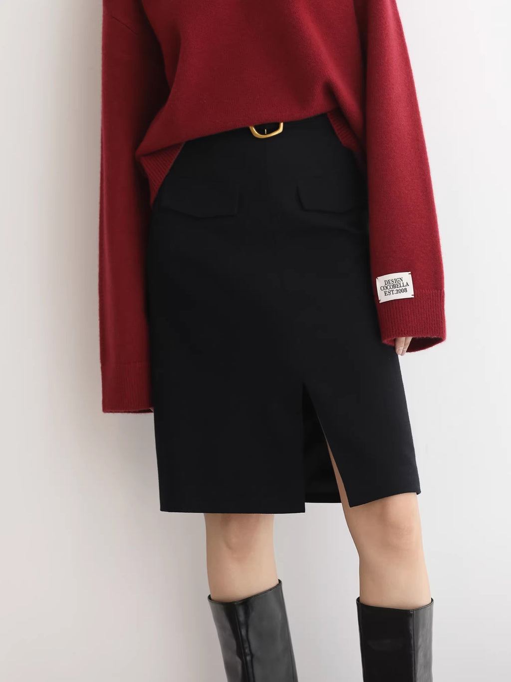 COCOBELLA_High_Waist_Slit_Office_A_Line_Women_Black_Polyester_Viscose_Wool_Blend_Skirts_MISSTT