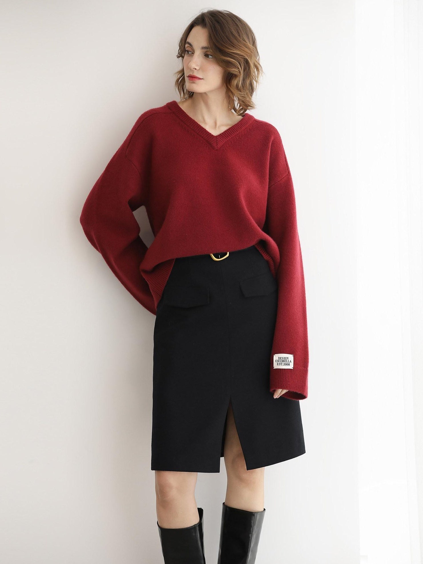 COCOBELLA High Waist Slit Office A Line Women Black Polyester Viscose Wool Blend Skirts