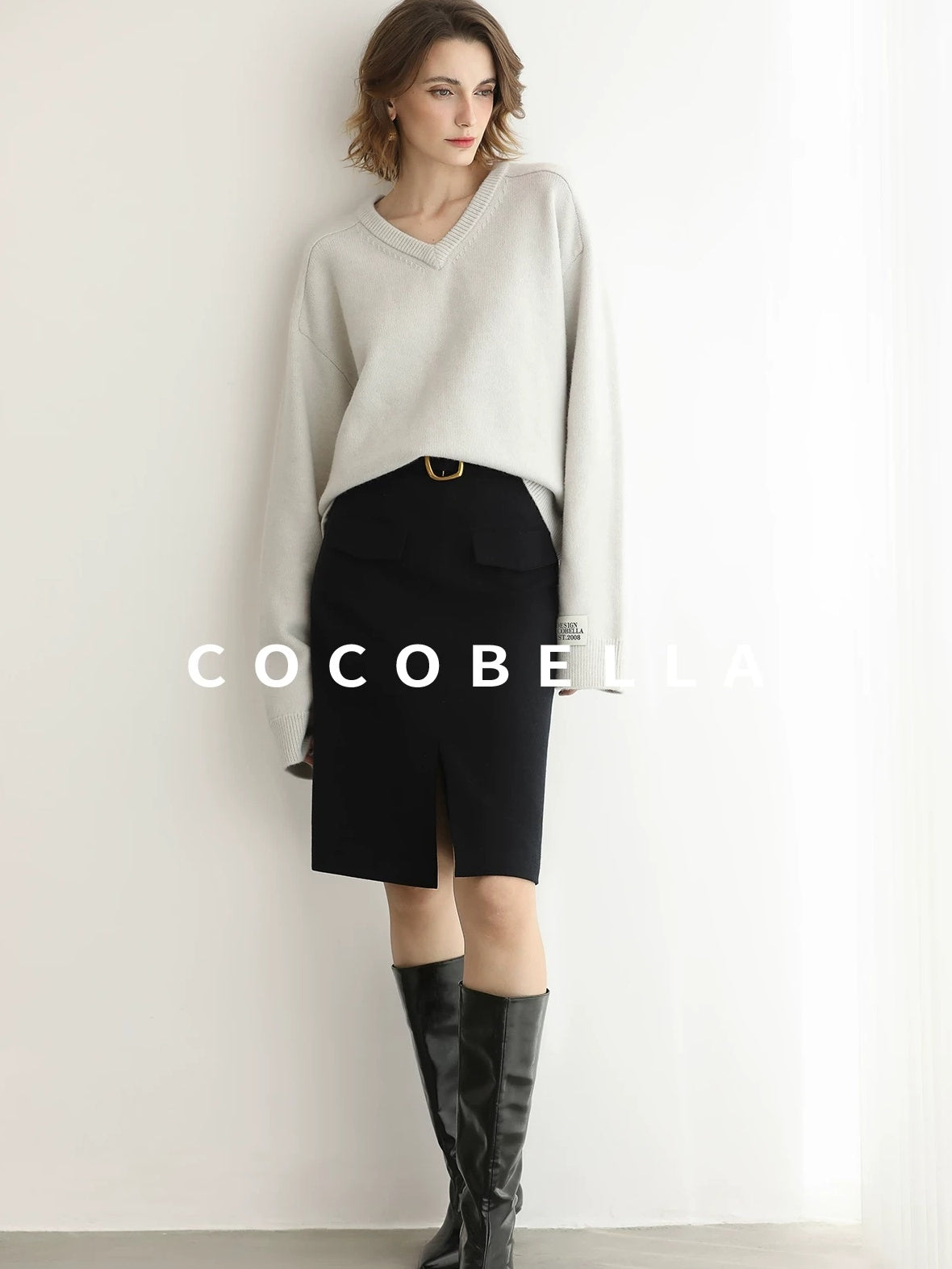 COCOBELLA High Waist Slit Office A Line Women Black Polyester Viscose Wool Blend Skirts