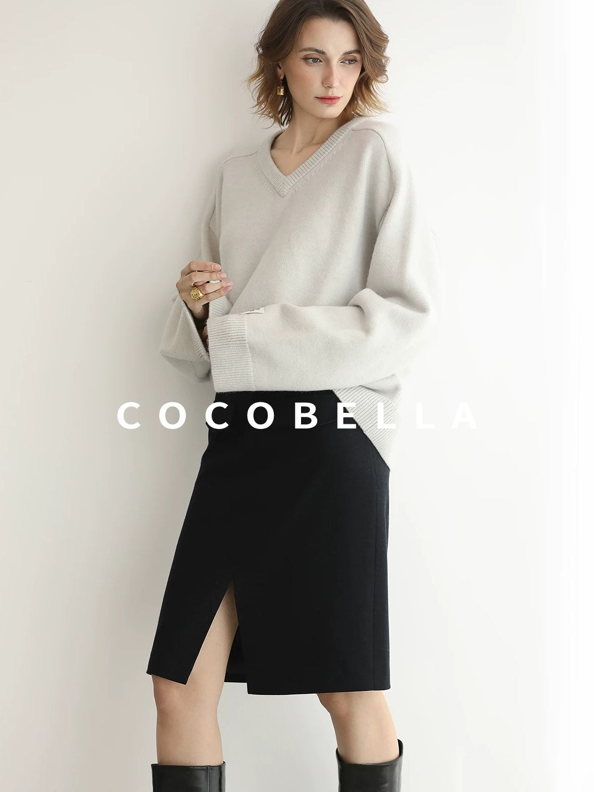 COCOBELLA High Waist Slit Office A Line Women Black Polyester Viscose Wool Blend Skirts