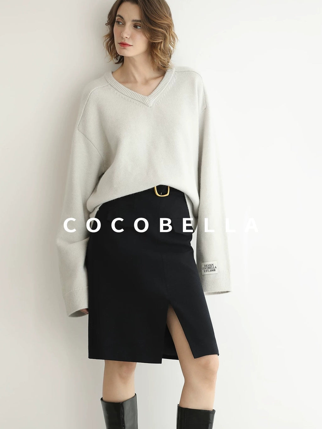 COCOBELLA High Waist Slit Office A Line Women Black Polyester Viscose Wool Blend Skirts