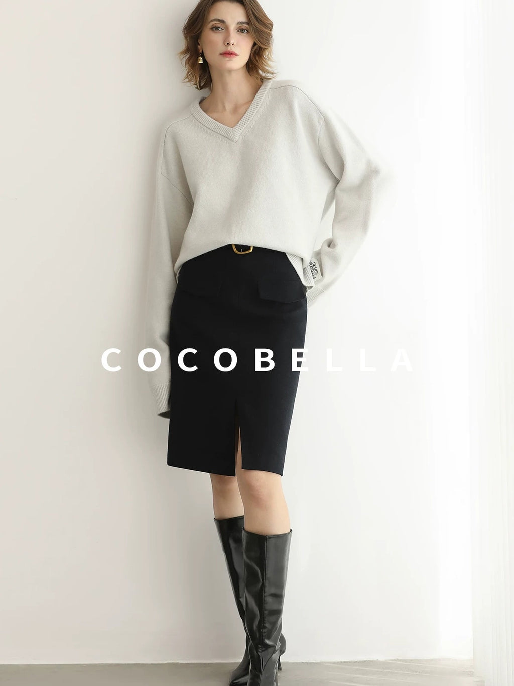 COCOBELLA High Waist Slit Office A Line Women Black Polyester Viscose Wool Blend Skirts