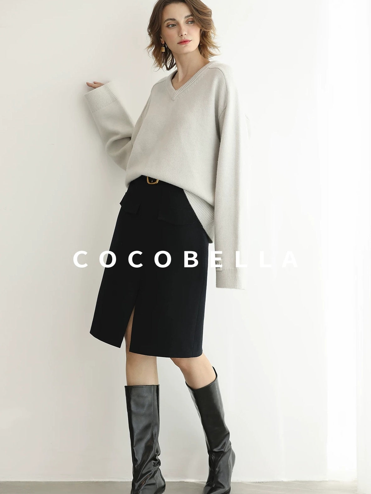 COCOBELLA High Waist Slit Office A Line Women Black Polyester Viscose Wool Blend Skirts