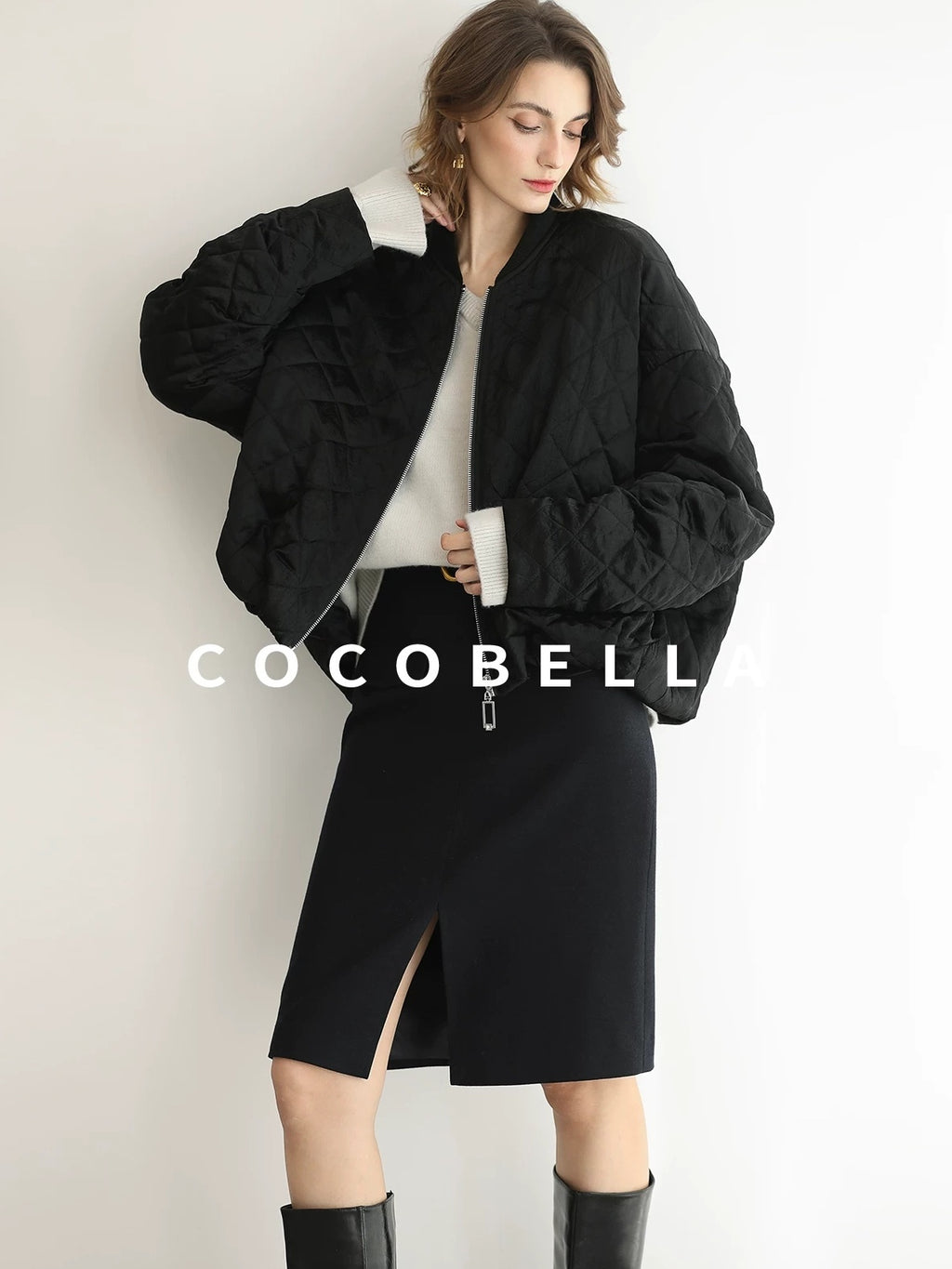 COCOBELLA High Waist Slit Office A Line Women Black Polyester Viscose Wool Blend Skirts