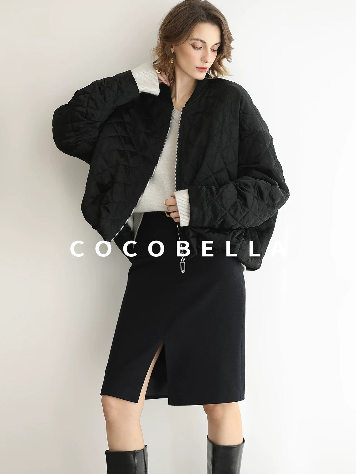 COCOBELLA High Waist Slit Office A Line Women Black Polyester Viscose Wool Blend Skirts