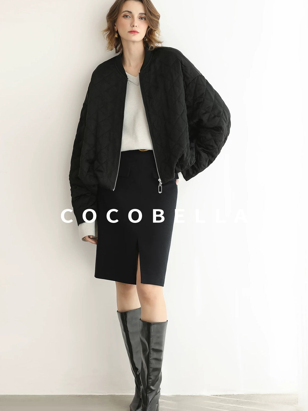 COCOBELLA High Waist Slit Office A Line Women Black Polyester Viscose Wool Blend Skirts