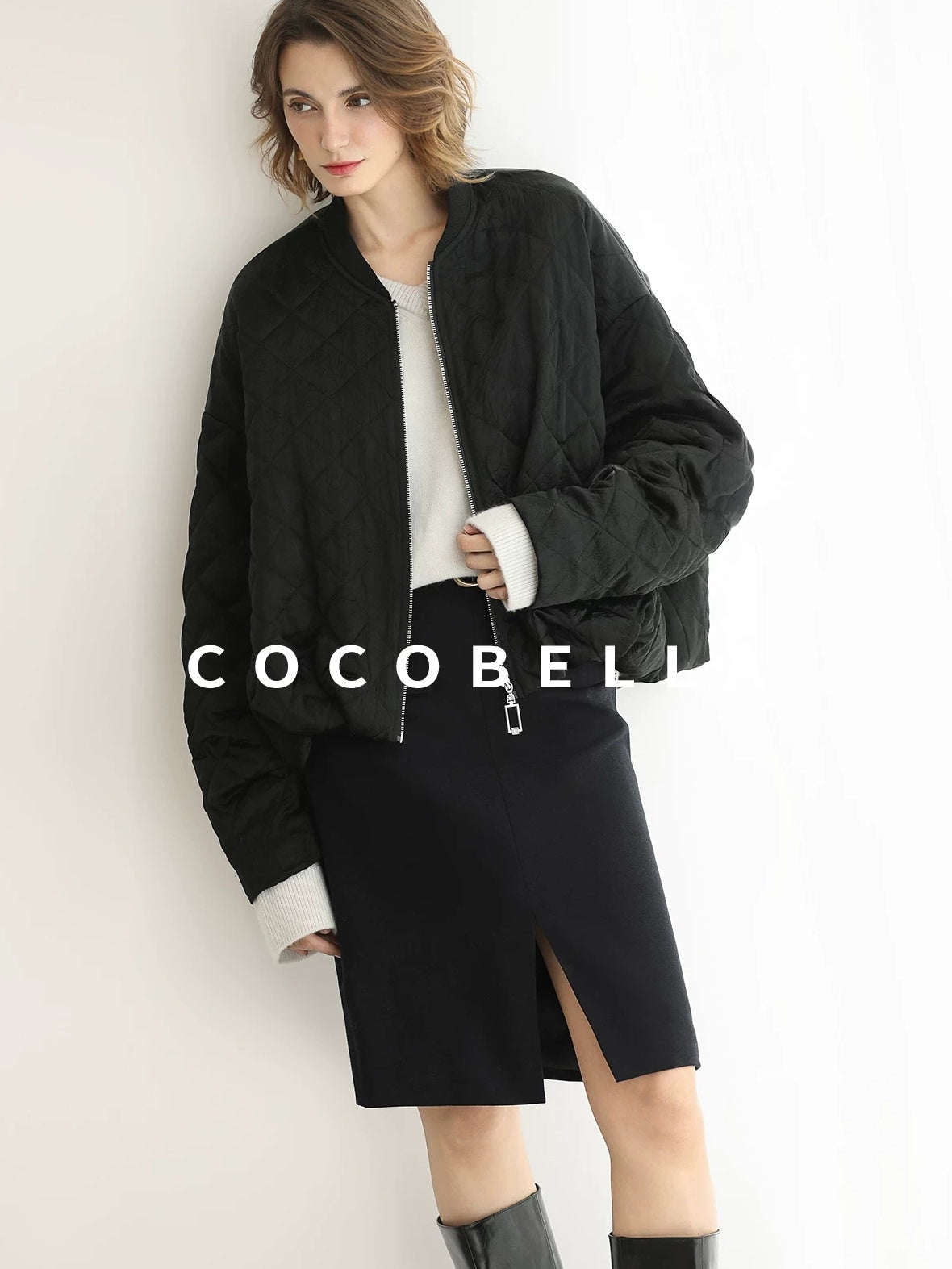 COCOBELLA High Waist Slit Office A Line Women Black Polyester Viscose Wool Blend Skirts