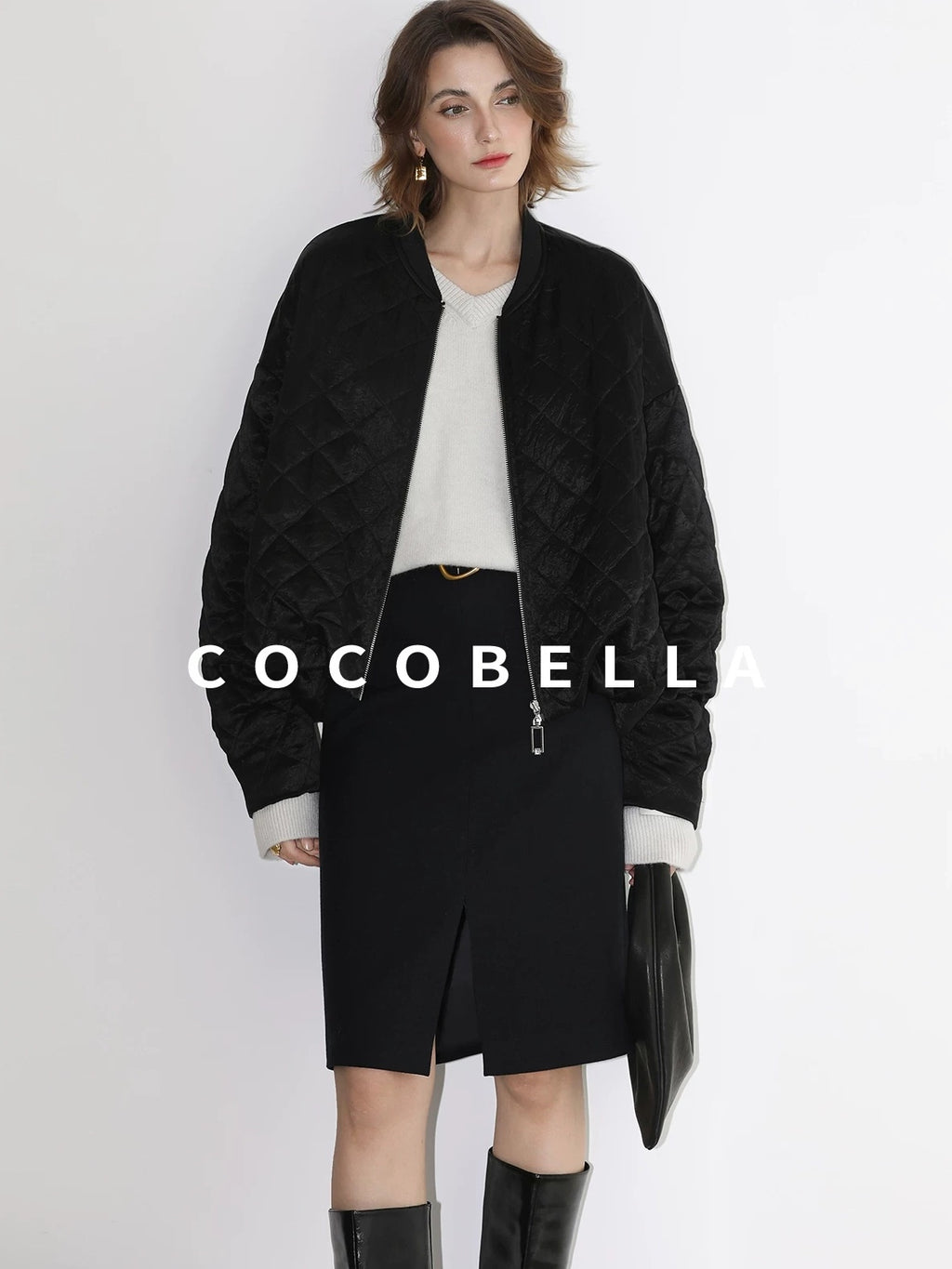 COCOBELLA High Waist Slit Office A Line Women Black Polyester Viscose Wool Blend Skirts