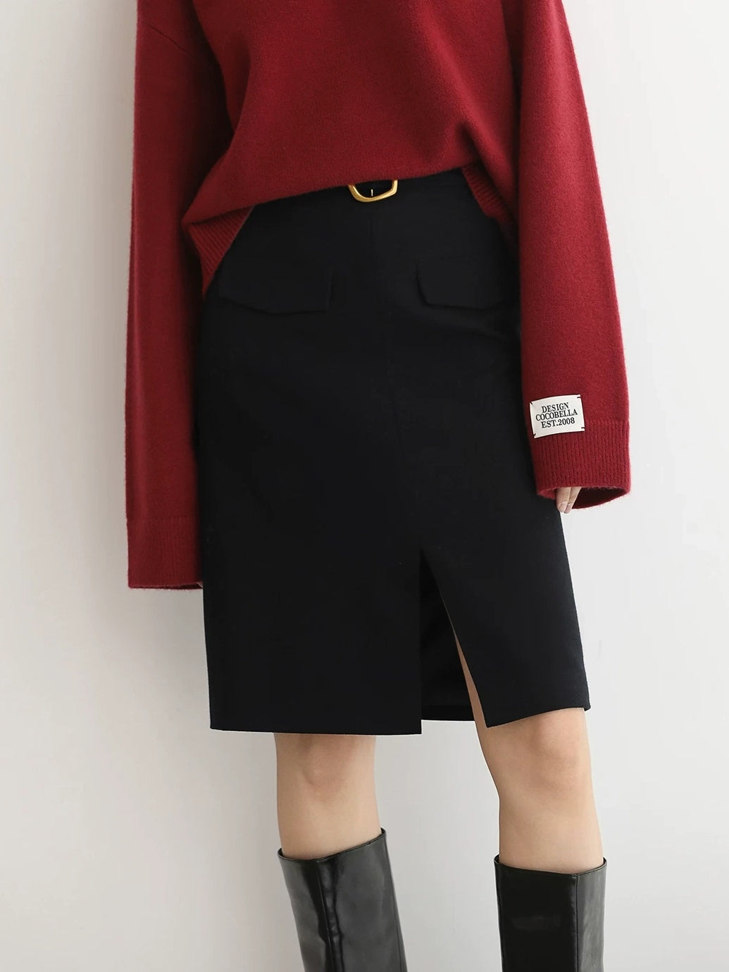 COCOBELLA High Waist Slit Office A Line Women Black Polyester Viscose Wool Blend Skirts