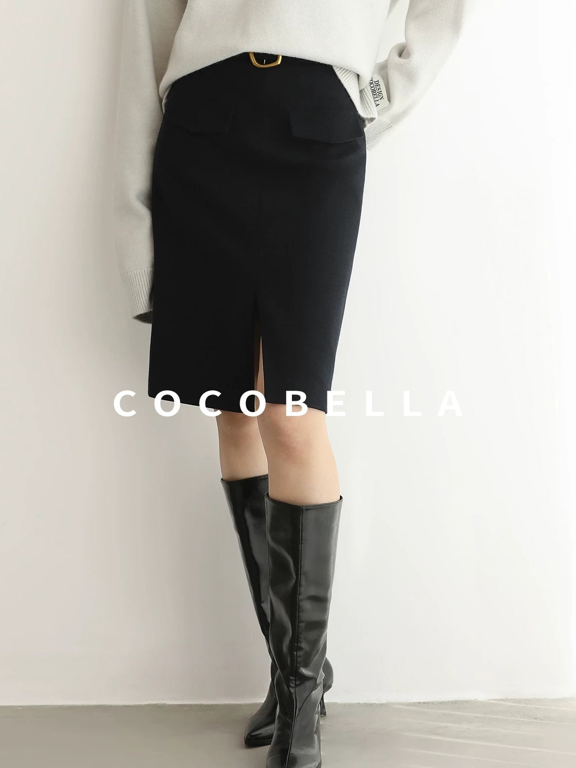 COCOBELLA High Waist Slit Office A Line Women Black Polyester Viscose Wool Blend Skirts