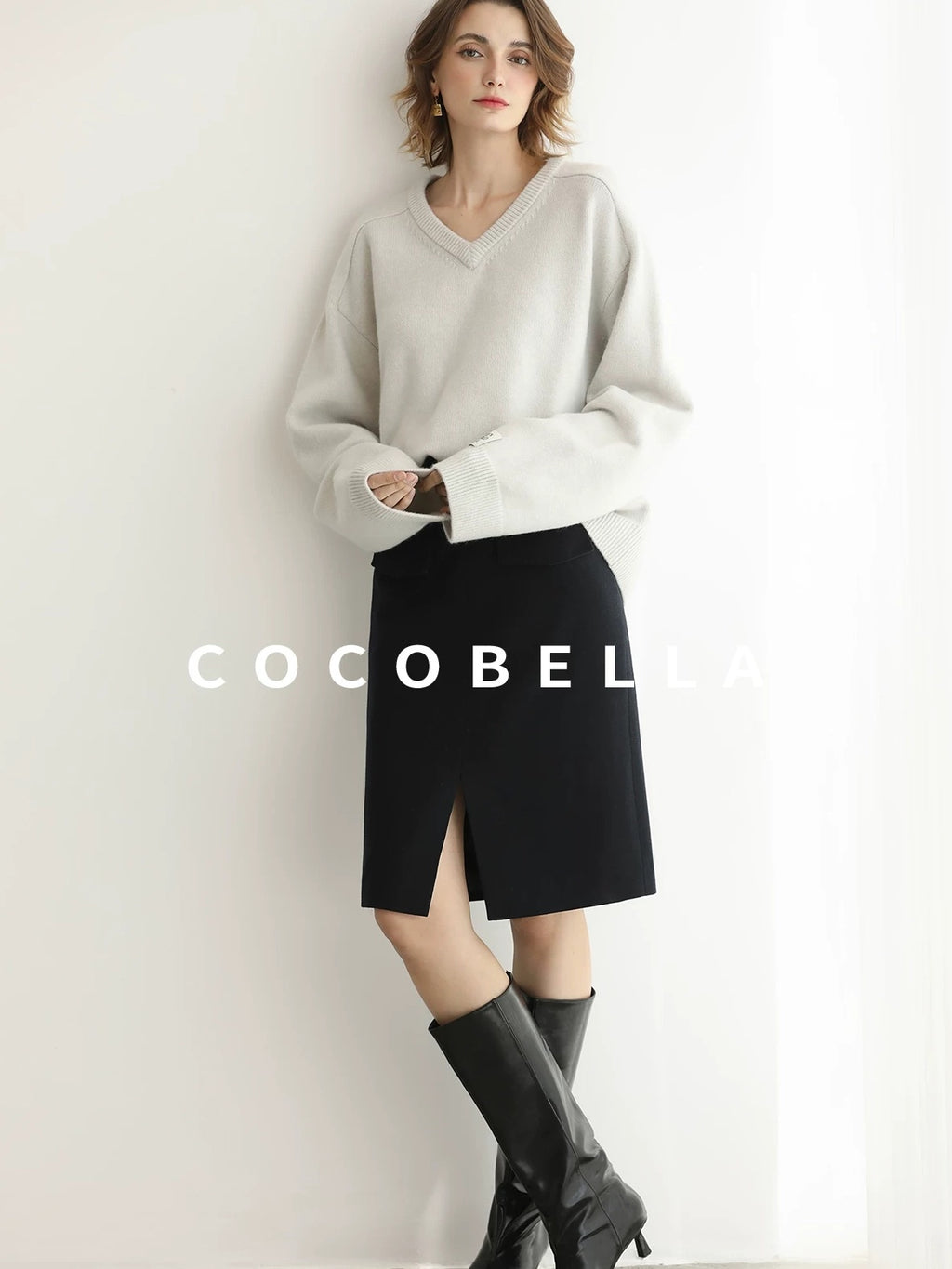 COCOBELLA High Waist Slit Office A Line Women Black Polyester Viscose Wool Blend Skirts