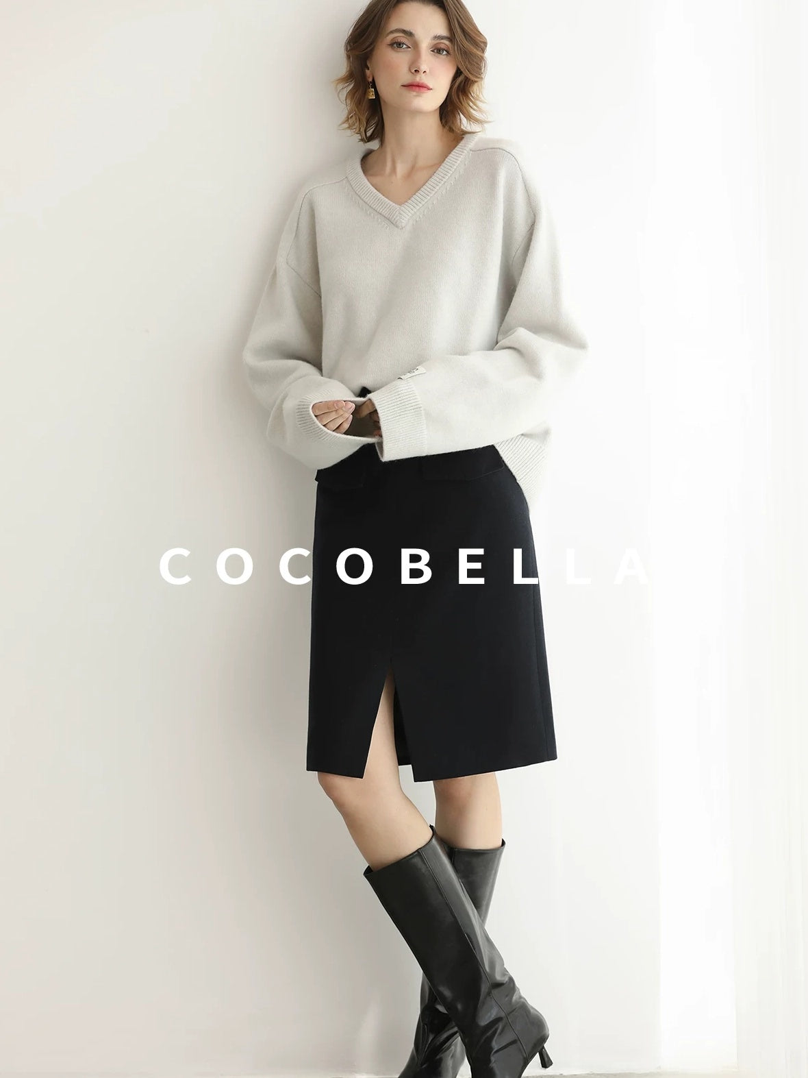 COCOBELLA High Waist Slit Office A Line Women Black Polyester Viscose Wool Blend Skirts