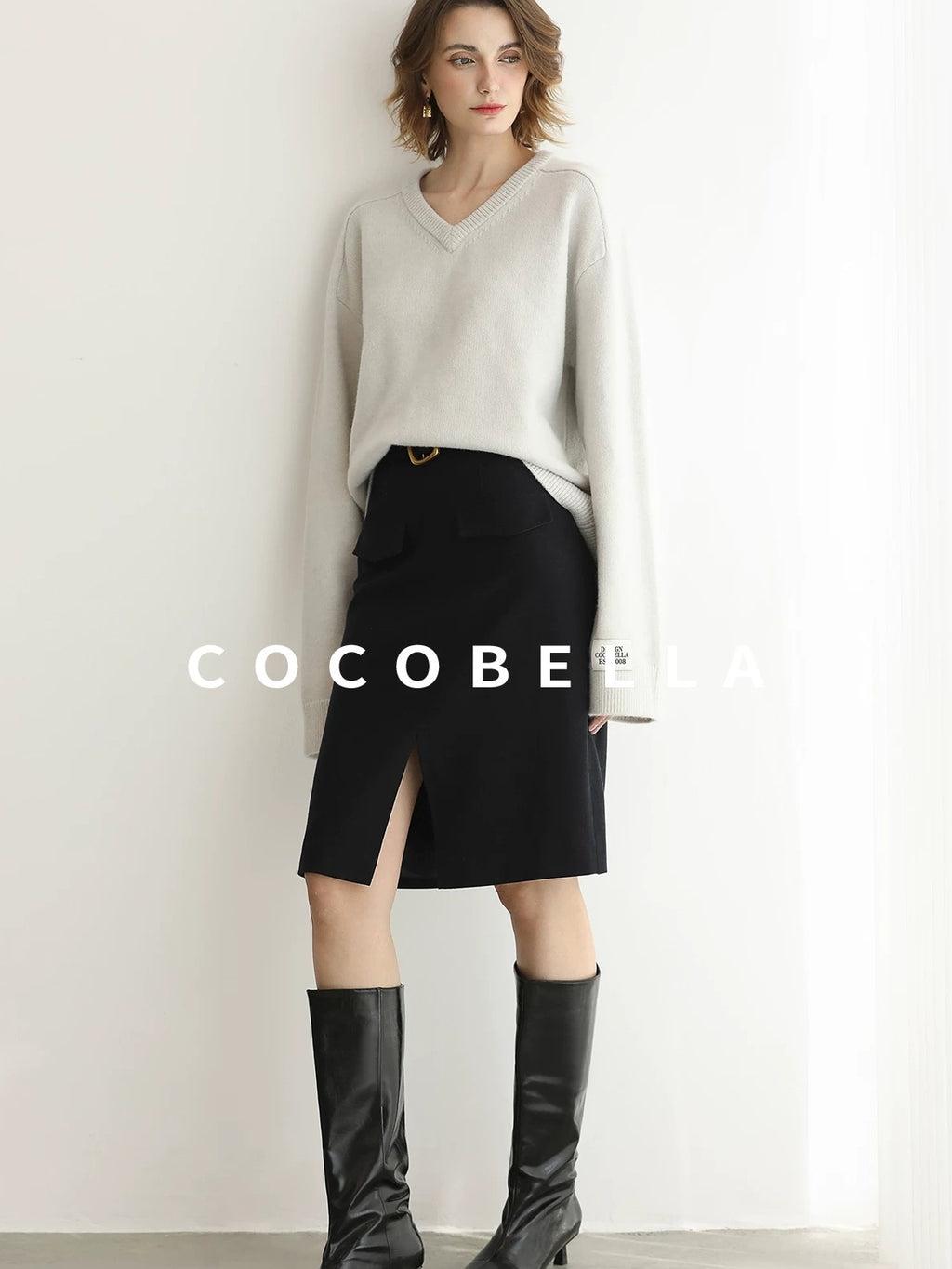 COCOBELLA High Waist Slit Office A Line Women Black Polyester Viscose Wool Blend Skirts