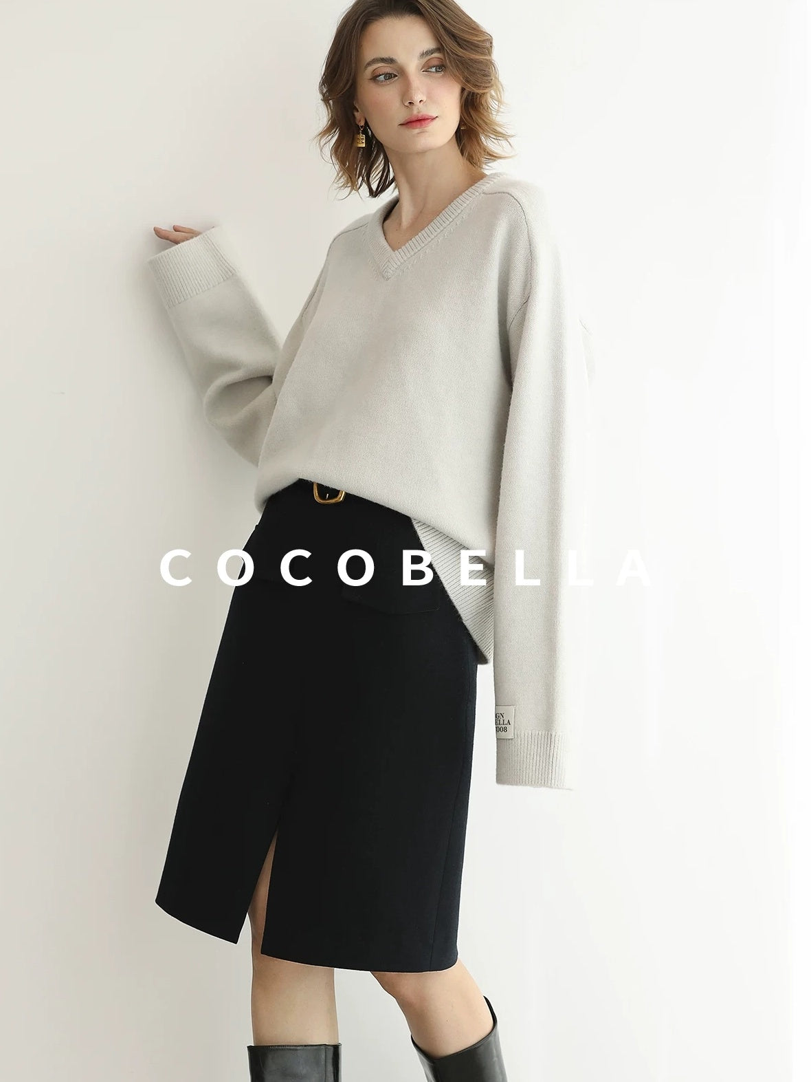 COCOBELLA High Waist Slit Office A Line Women Black Polyester Viscose Wool Blend Skirts