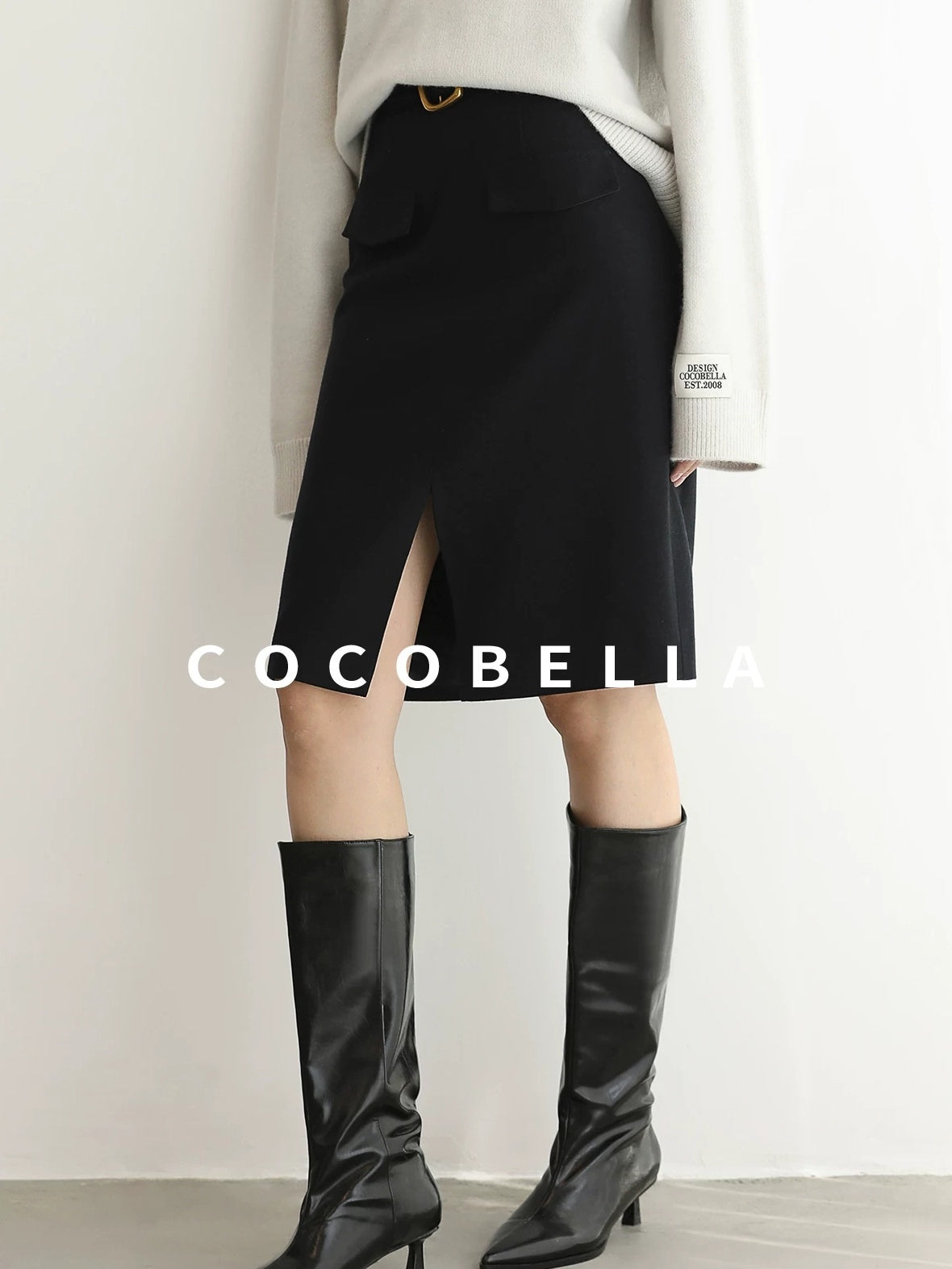 COCOBELLA High Waist Slit Office A Line Women Black Polyester Viscose Wool Blend Skirts