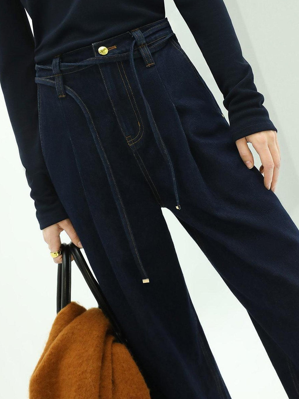 COCOBELLA High Waist Straight Leg Zipper Fly Casual Women Cotton Blend Dark Denim Pants