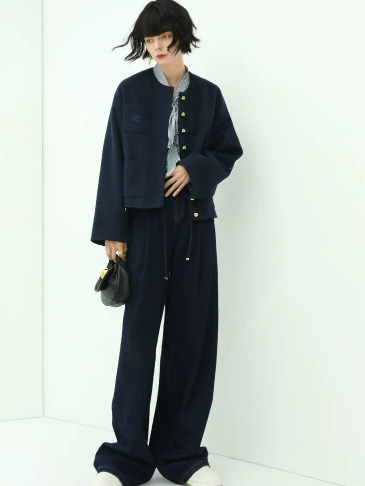 COCOBELLA High Waist Straight Leg Zipper Fly Casual Women Cotton Blend Dark Denim Pants