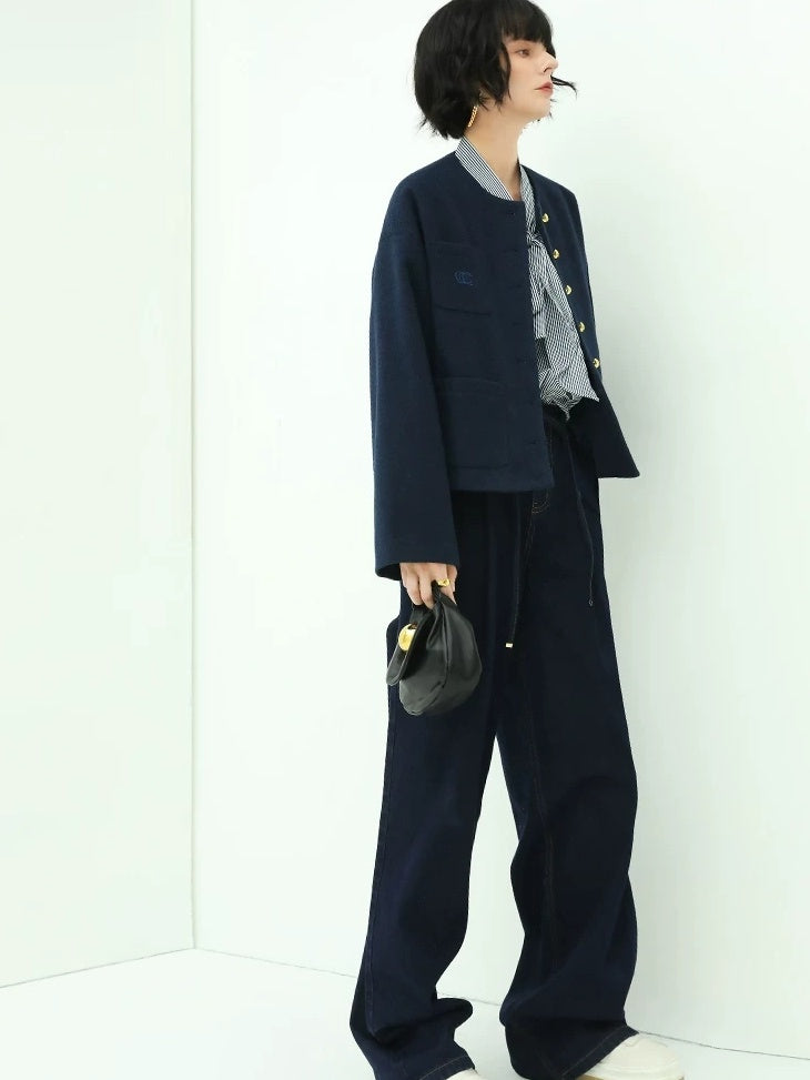 COCOBELLA High Waist Straight Leg Zipper Fly Casual Women Cotton Blend Dark Denim Pants