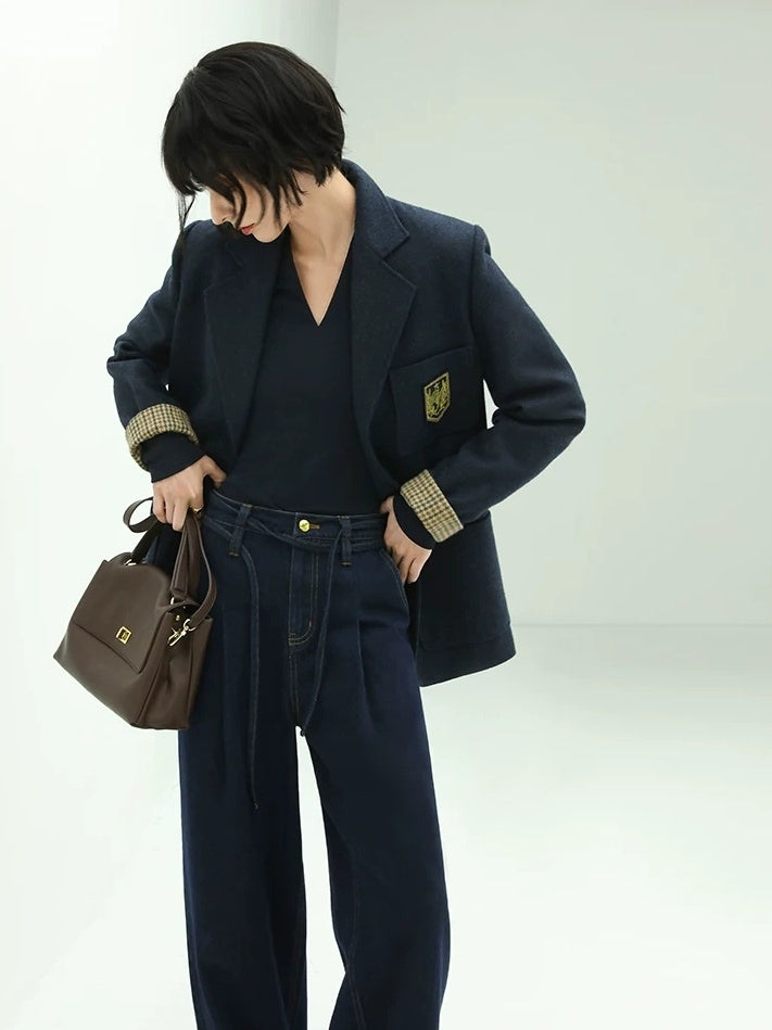 COCOBELLA High Waist Straight Leg Zipper Fly Casual Women Cotton Blend Dark Denim Pants