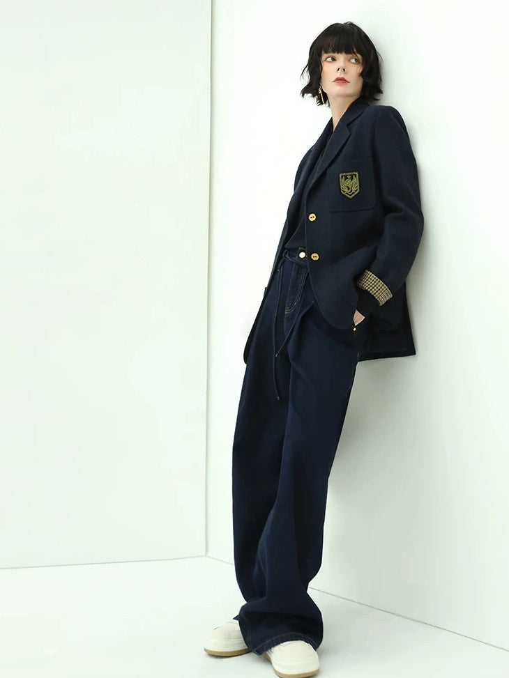 COCOBELLA High Waist Straight Leg Zipper Fly Casual Women Cotton Blend Dark Denim Pants