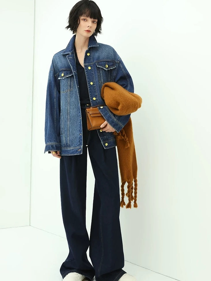 COCOBELLA High Waist Straight Leg Zipper Fly Casual Women Cotton Blend Dark Denim Pants