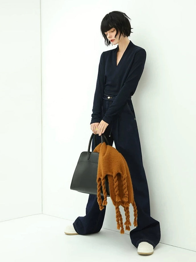 COCOBELLA High Waist Straight Leg Zipper Fly Casual Women Cotton Blend Dark Denim Pants