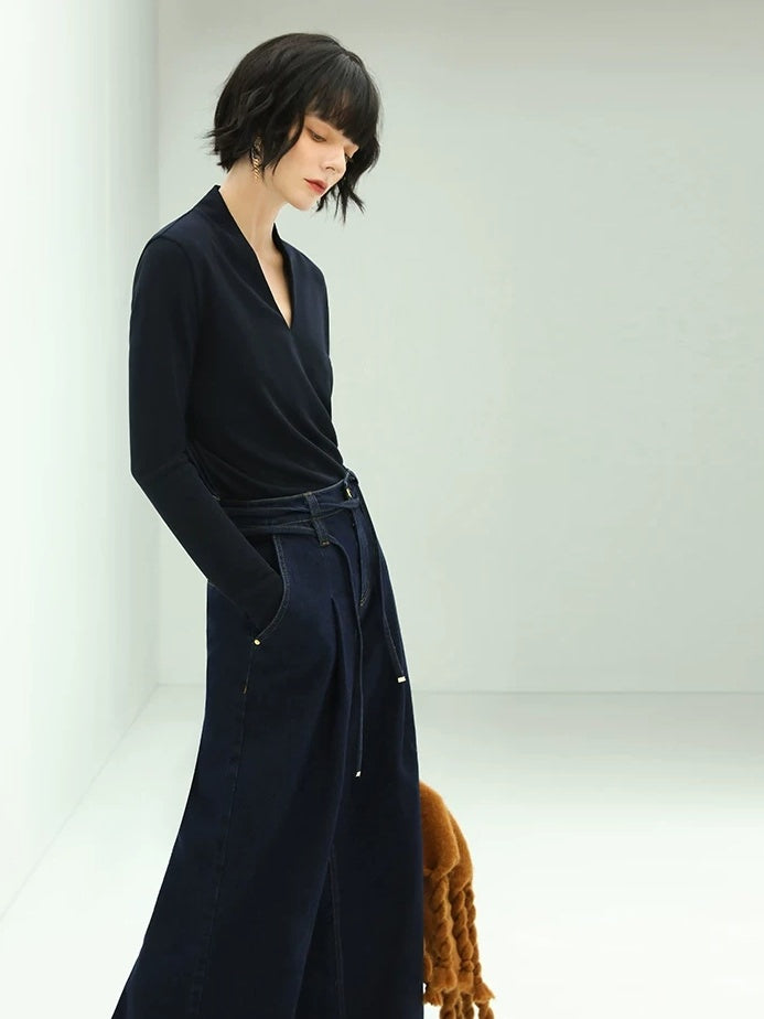 COCOBELLA High Waist Straight Leg Zipper Fly Casual Women Cotton Blend Dark Denim Pants