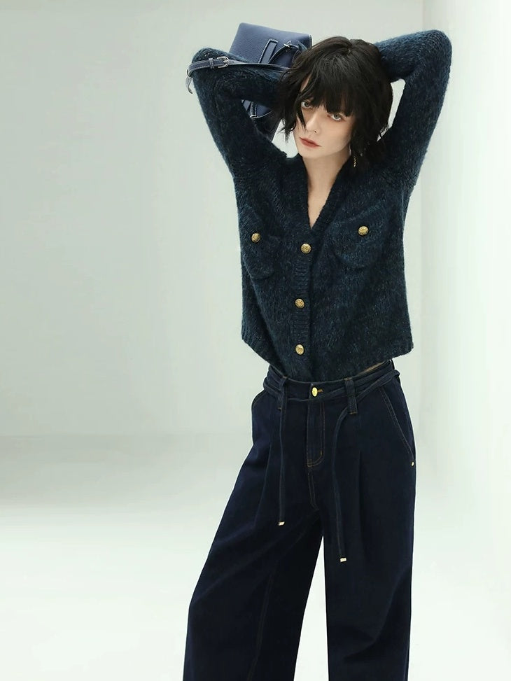 COCOBELLA High Waist Straight Leg Zipper Fly Casual Women Cotton Blend Dark Denim Pants