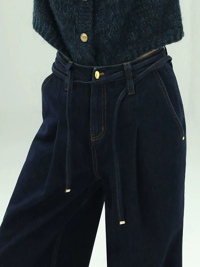 COCOBELLA High Waist Straight Leg Zipper Fly Casual Women Cotton Blend Dark Denim Pants