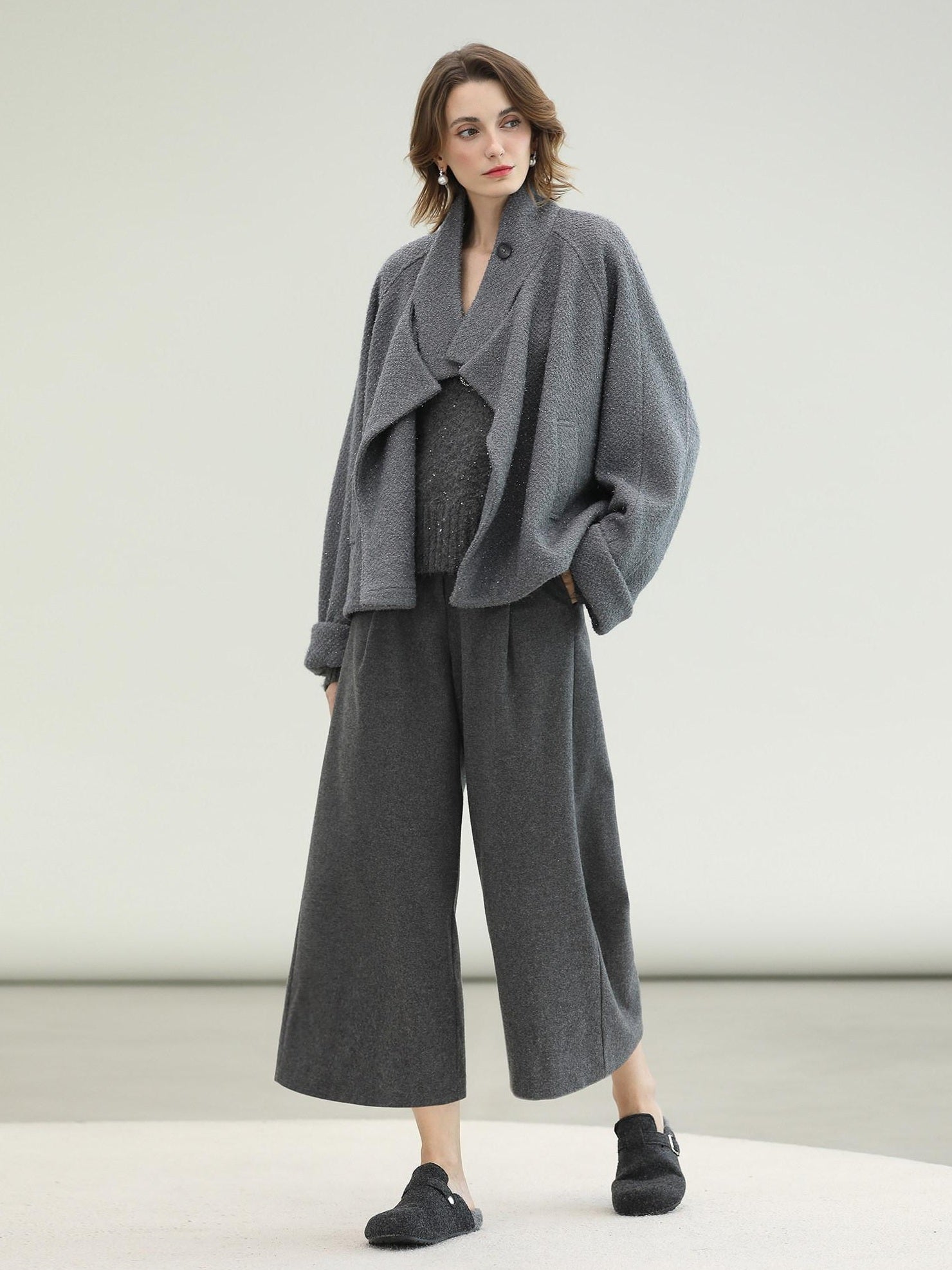 COCOBELLA High Waist Tailored Wide Leg Workwear Ol Minimalist Wool Blend Paris Gray Pants