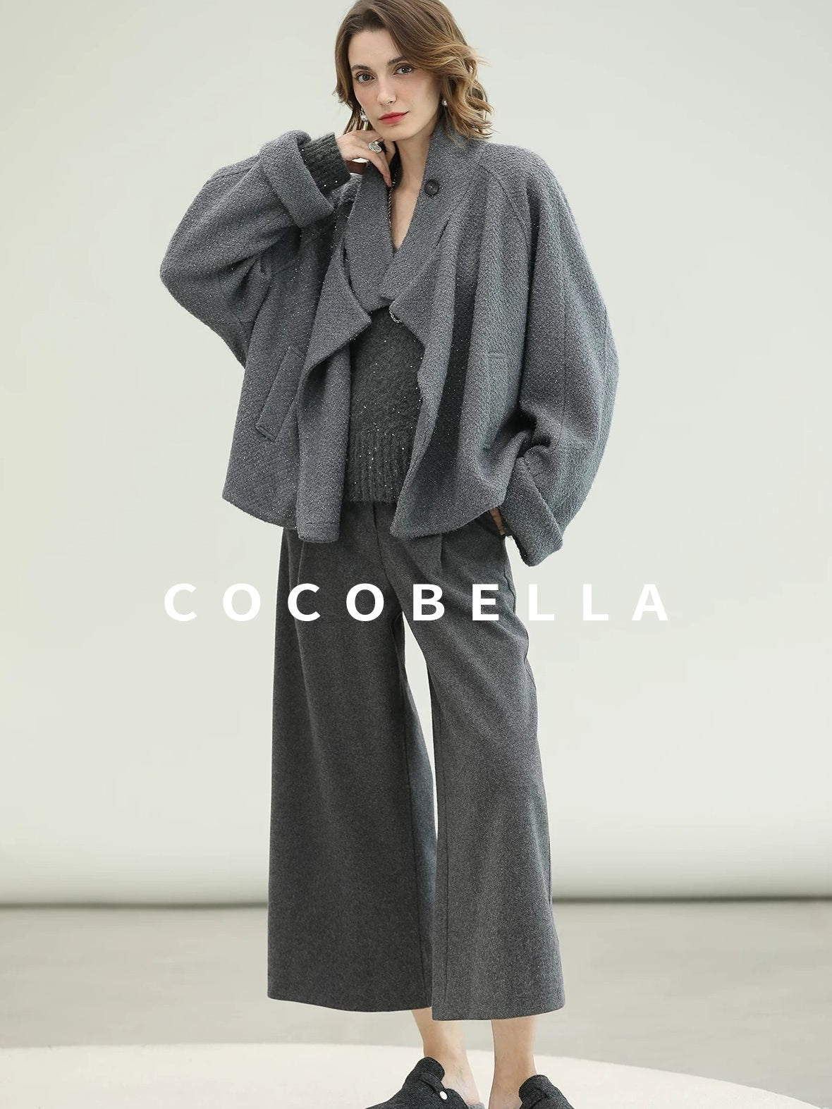 COCOBELLA High Waist Tailored Wide Leg Workwear Ol Minimalist Wool Blend Paris Gray Pants