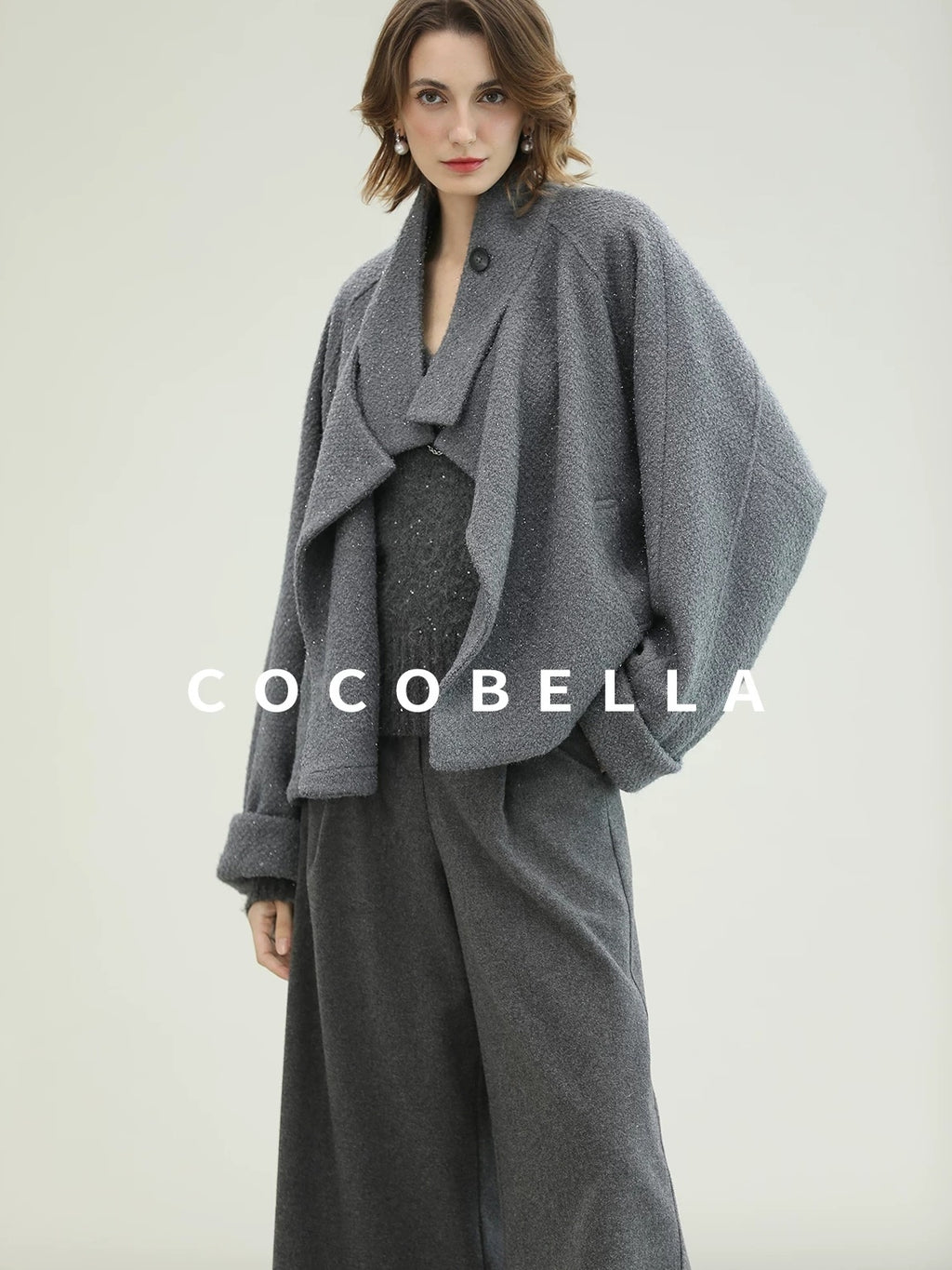 COCOBELLA High Waist Tailored Wide Leg Workwear Ol Minimalist Wool Blend Paris Gray Pants