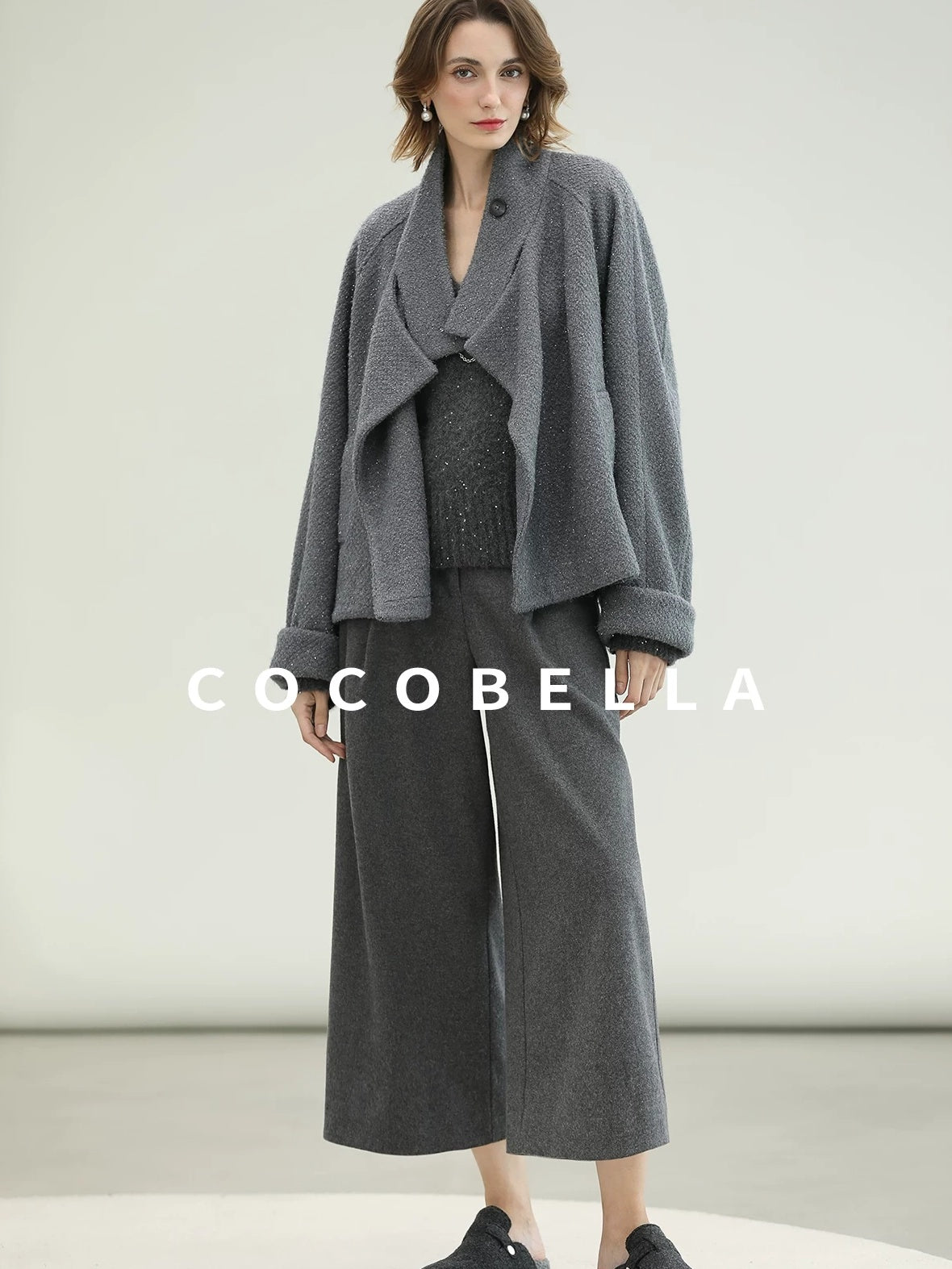 COCOBELLA High Waist Tailored Wide Leg Workwear Ol Minimalist Wool Blend Paris Gray Pants