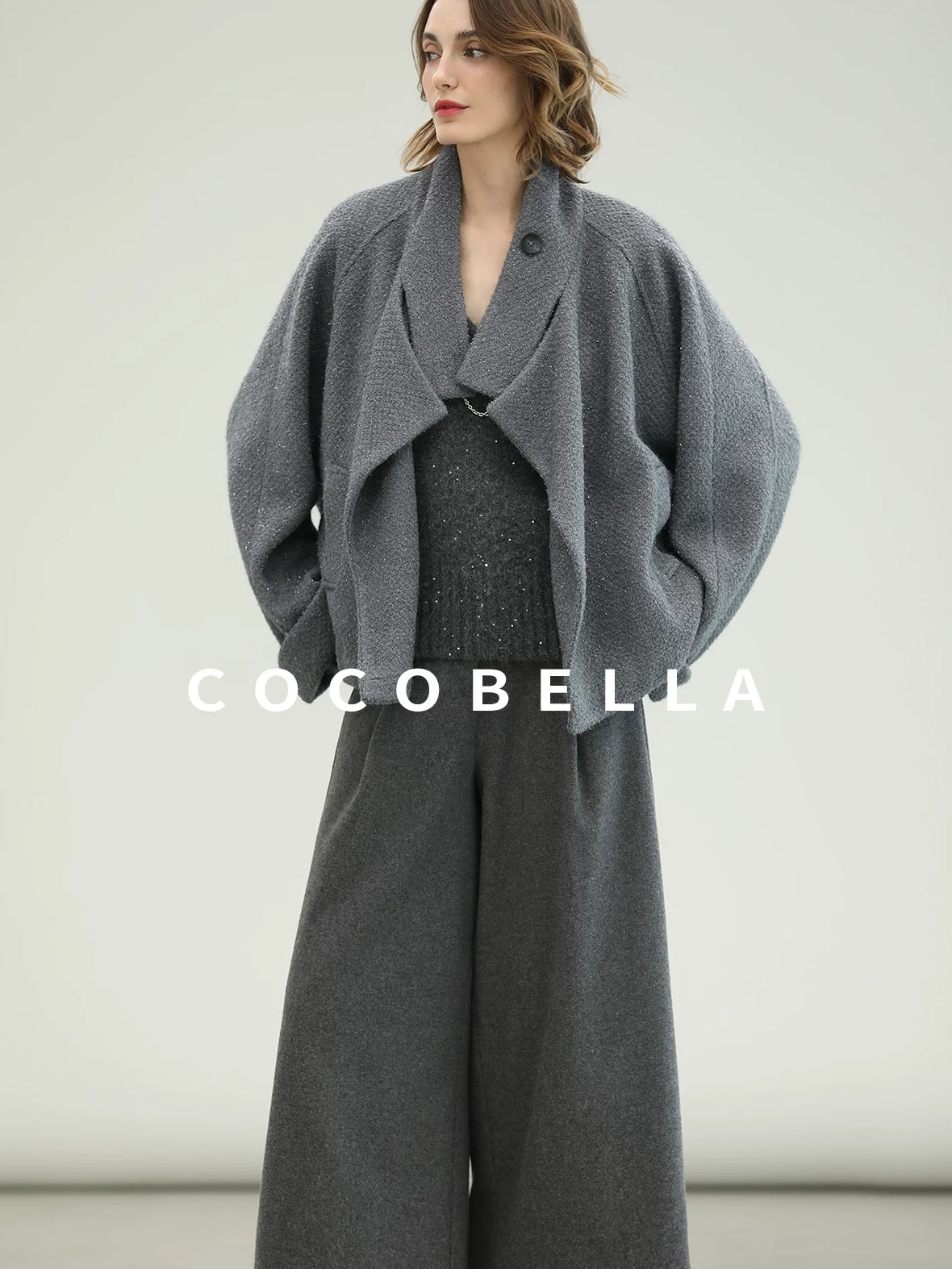 COCOBELLA High Waist Tailored Wide Leg Workwear Ol Minimalist Wool Blend Paris Gray Pants