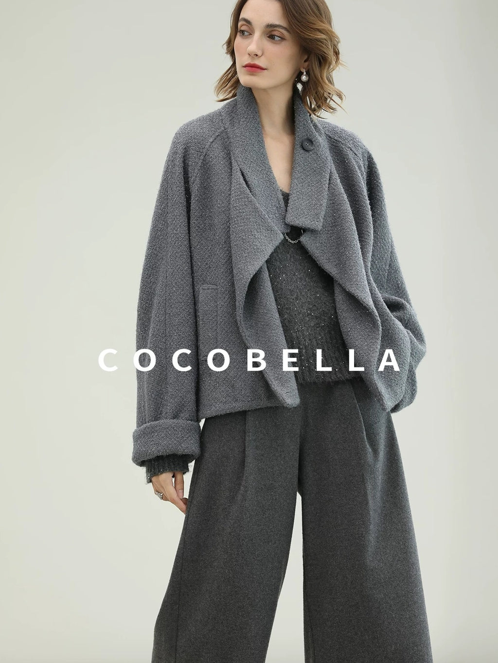 COCOBELLA High Waist Tailored Wide Leg Workwear Ol Minimalist Wool Blend Paris Gray Pants