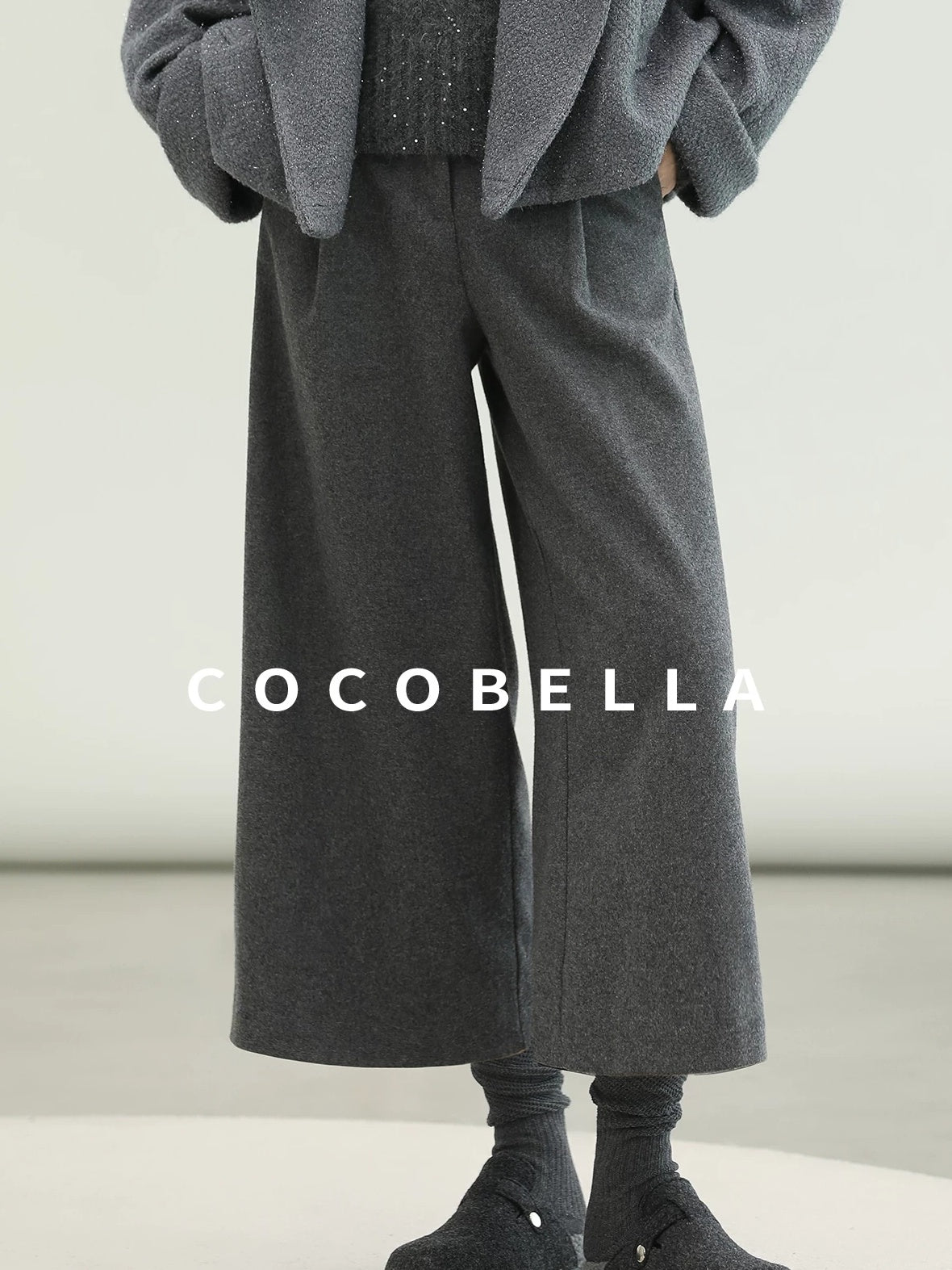 COCOBELLA High Waist Tailored Wide Leg Workwear Ol Minimalist Wool Blend Paris Gray Pants