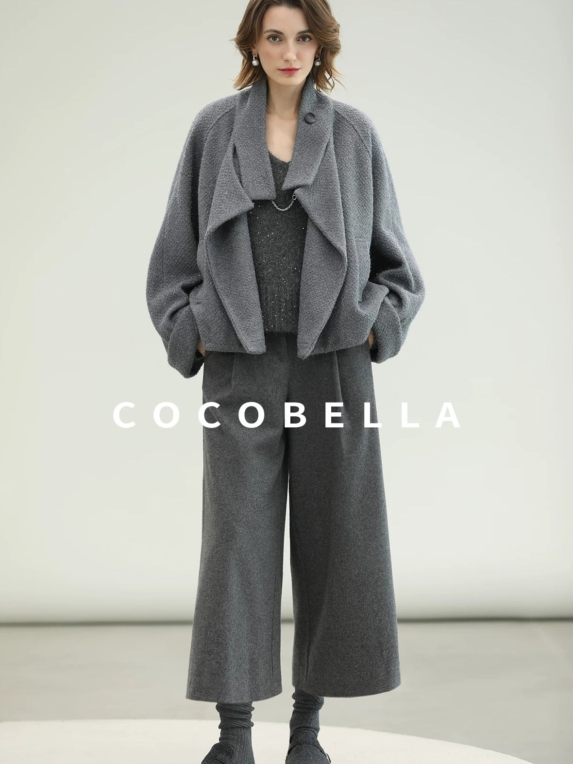 COCOBELLA High Waist Tailored Wide Leg Workwear Ol Minimalist Wool Blend Paris Gray Pants