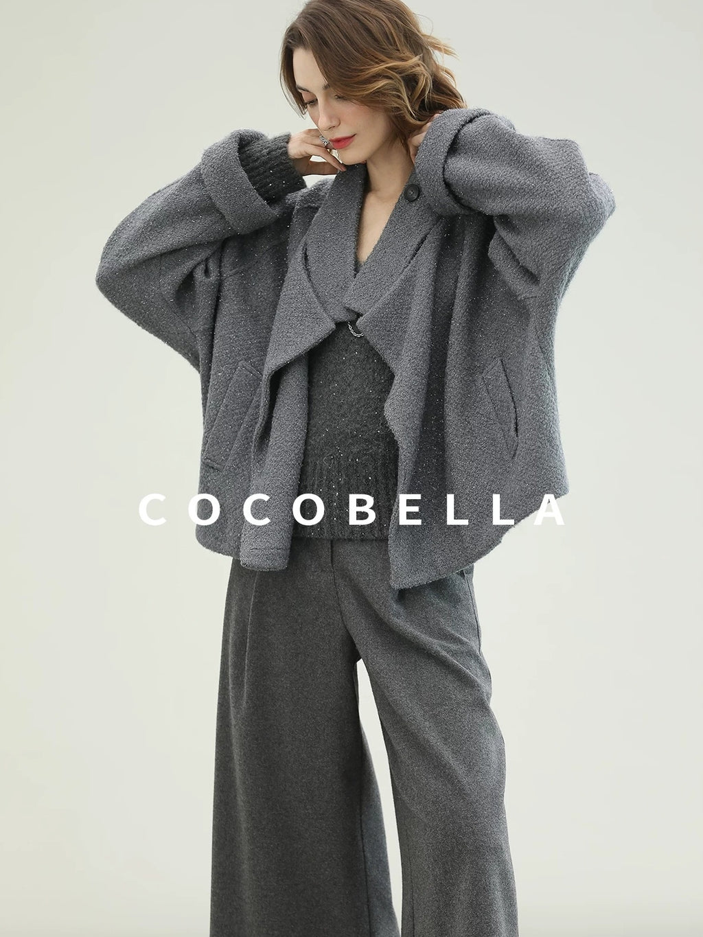 COCOBELLA High Waist Tailored Wide Leg Workwear Ol Minimalist Wool Blend Paris Gray Pants
